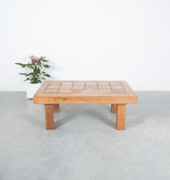 Large Artisan Oak Terracotta Coffee or Outdoor Table, France, 1950