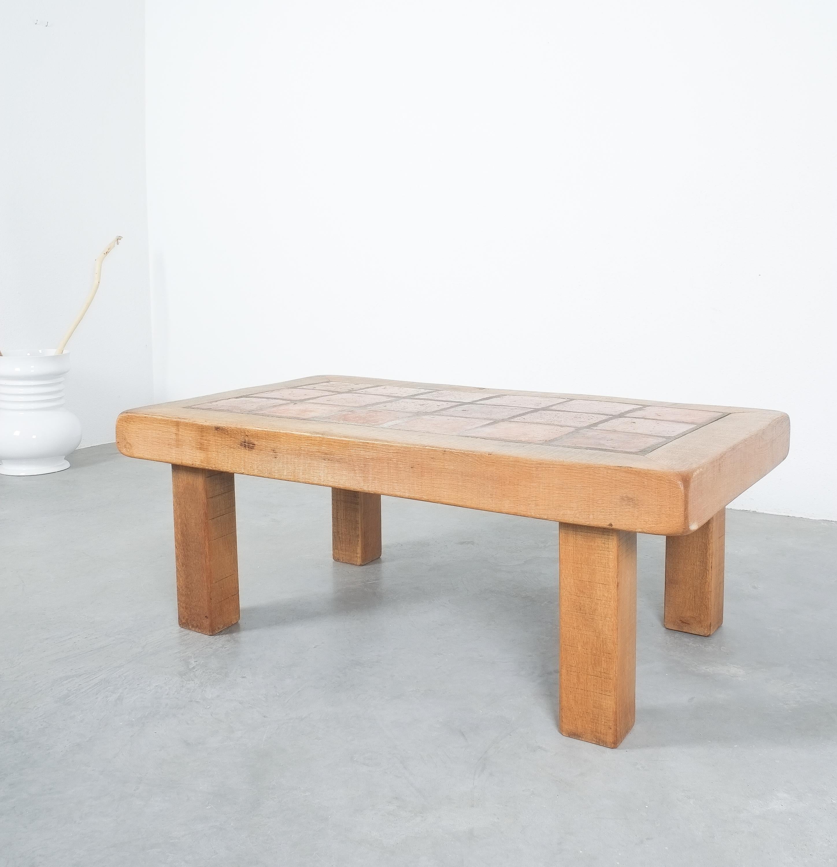 French Large Artisan Oak Terracotta Coffee or Outdoor Table, France, 1950