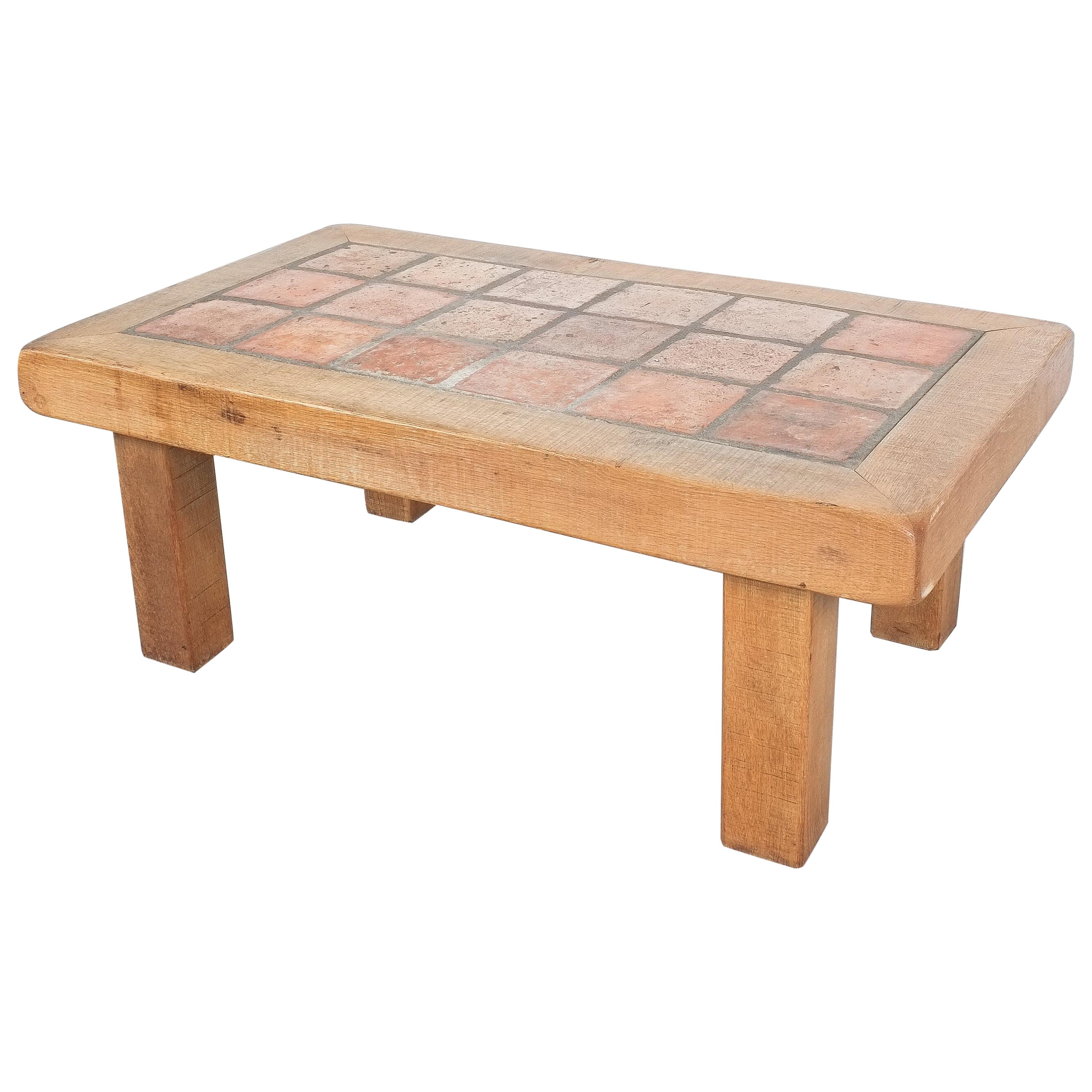 Large Artisan Oak Terracotta Coffee or Outdoor Table, France, 1950