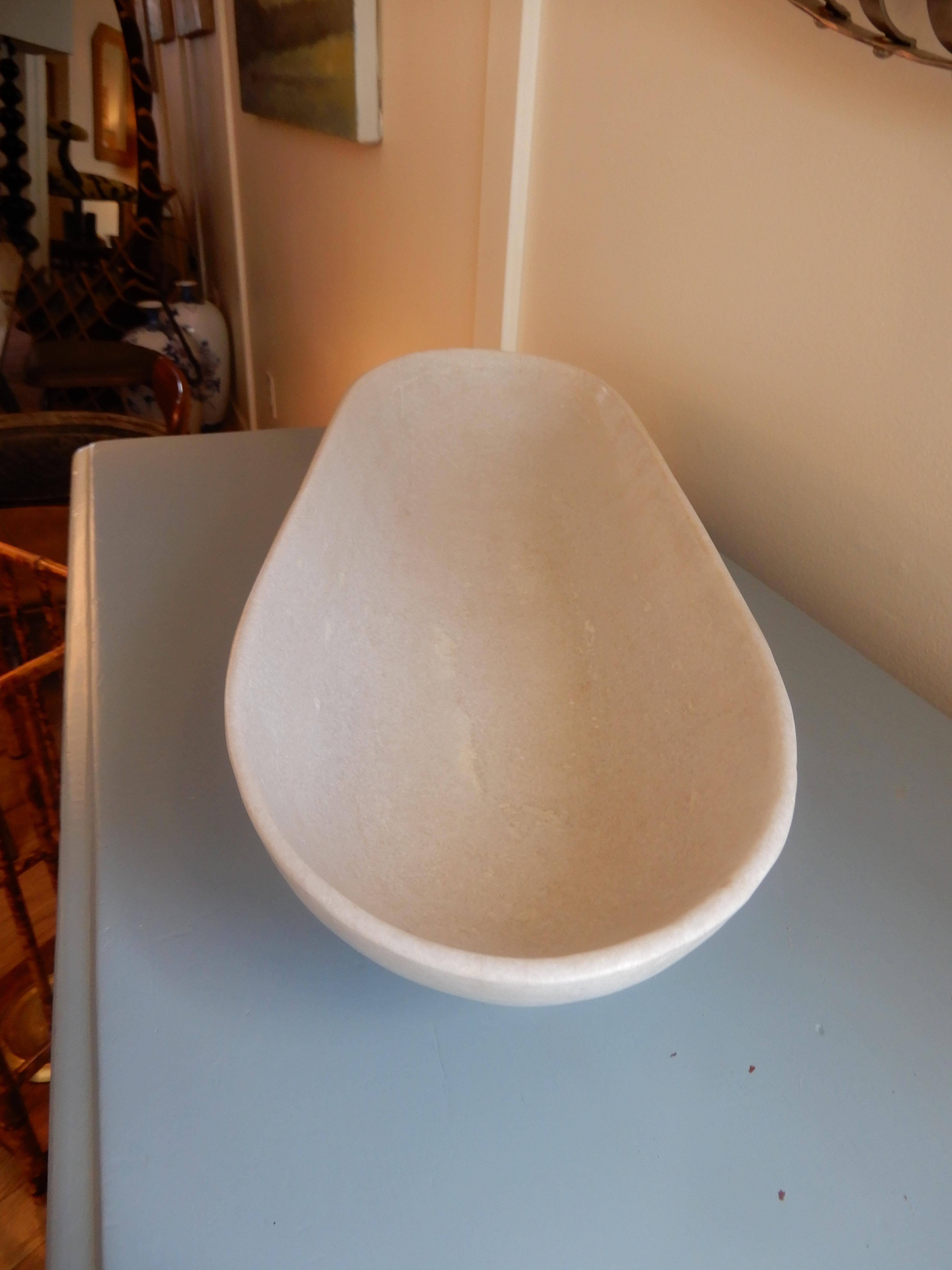 A studio crafted large ovate white alabaster bowl, perfectly crafted and polished, good center piece, and food safe.