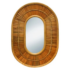 Large Artisan Racetrack Mirror in Rattan and Bamboo, 1970s
