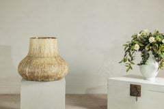 Large Artisan Studio Ceramic Vase with Textured Cream and Earth-Tone Glaze