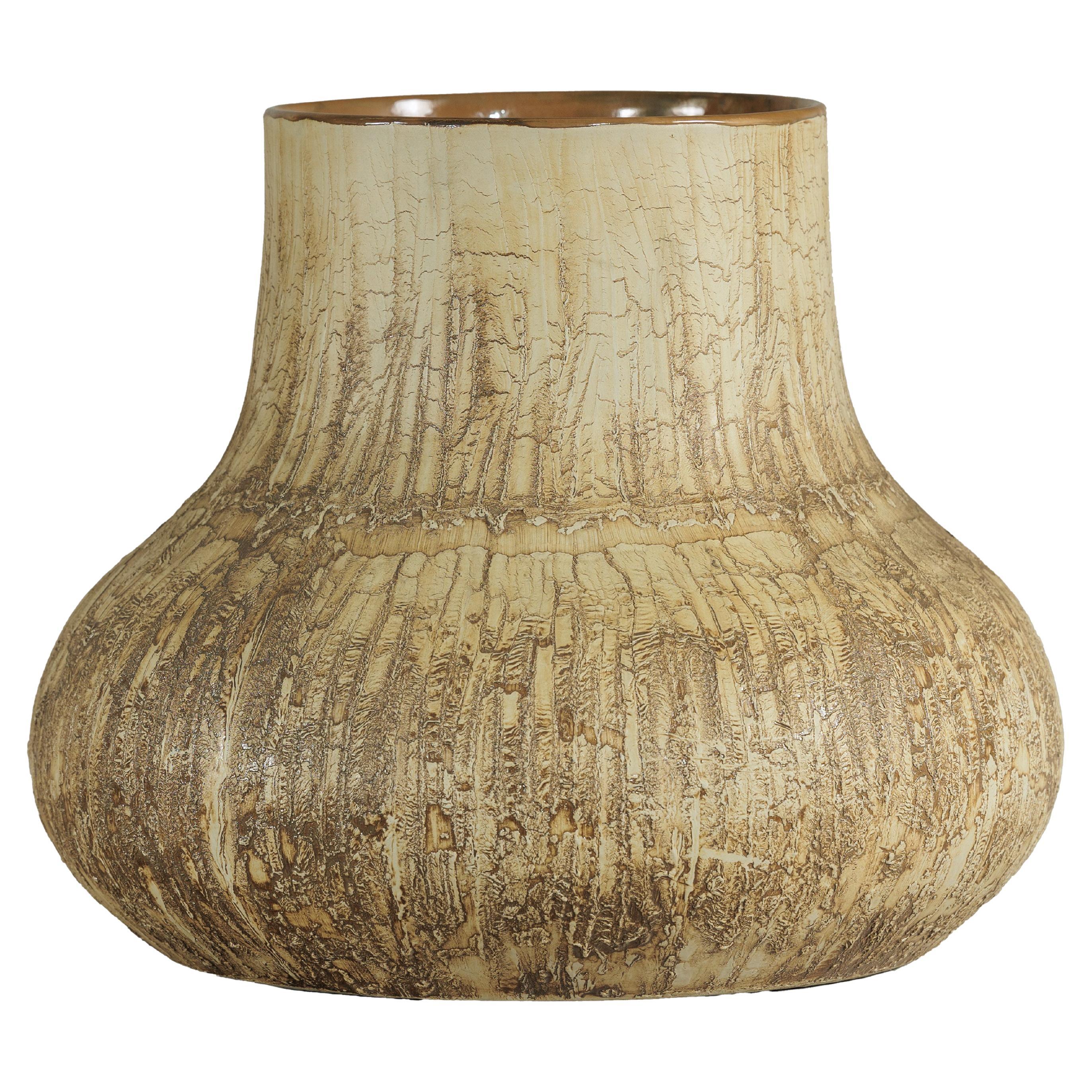 Large Artisan Studio Ceramic Vase with Textured Cream and Earth-Tone Glaze For Sale