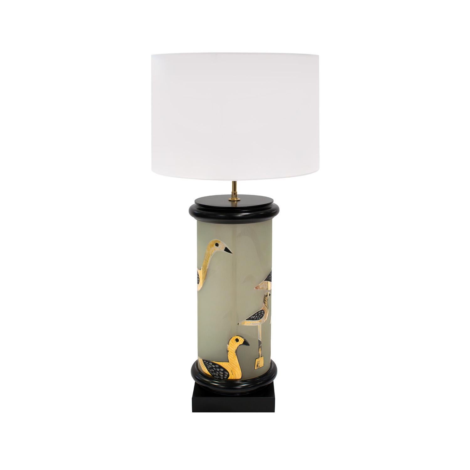 Mid-Century Modern Large Artisan Table Lamp with Hand-Painted Bird Motif 1960s For Sale