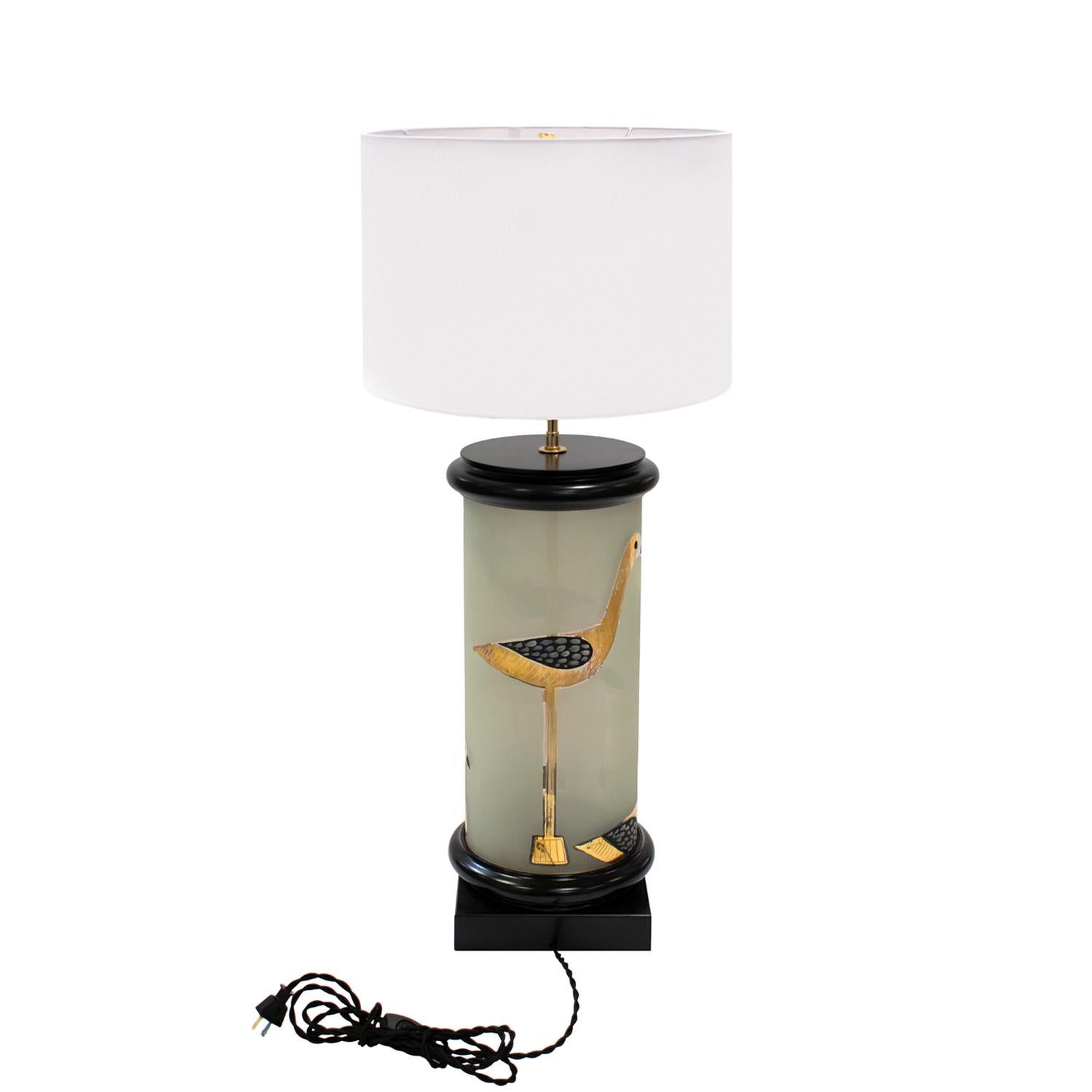 American Large Artisan Table Lamp with Hand-Painted Bird Motif 1960s For Sale