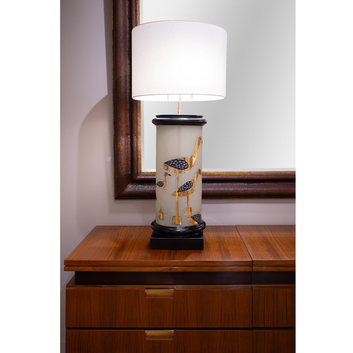 Mid-20th Century Large Artisan Table Lamp with Hand-Painted Bird Motif 1960s For Sale
