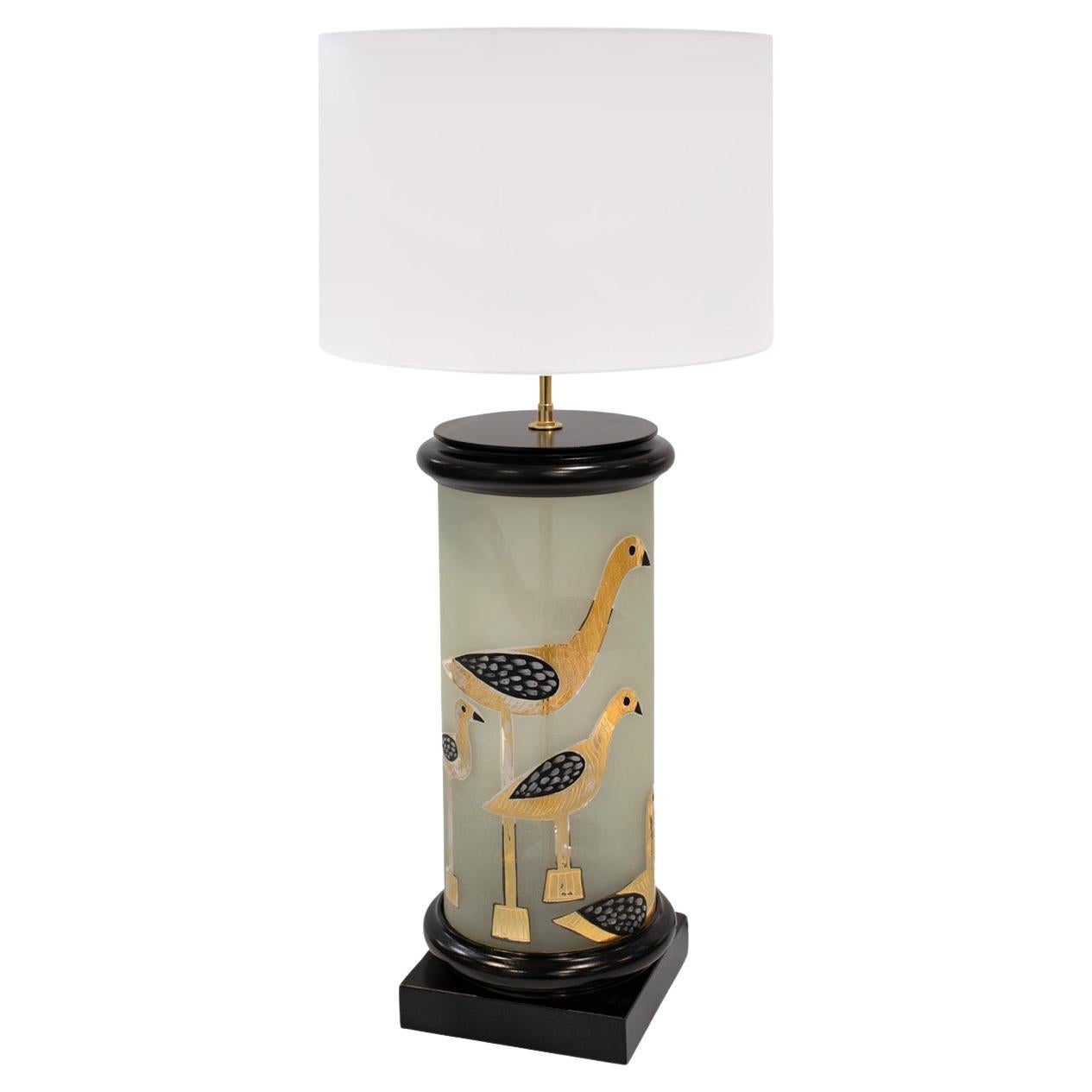 Large Artisan Table Lamp with Hand-Painted Bird Motif 1960s