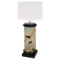 Grande lampe de bureau artisanale avec motif d'oiseaux peints à la main, années 1960