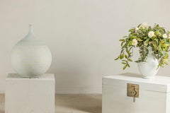 Large Artisan Unglazed Ceramic Vase with Pale Blue White Ribbed Finish