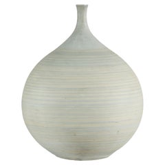 Large Artisan Unglazed Ceramic Vase with Pale Blue White Ribbed Finish
