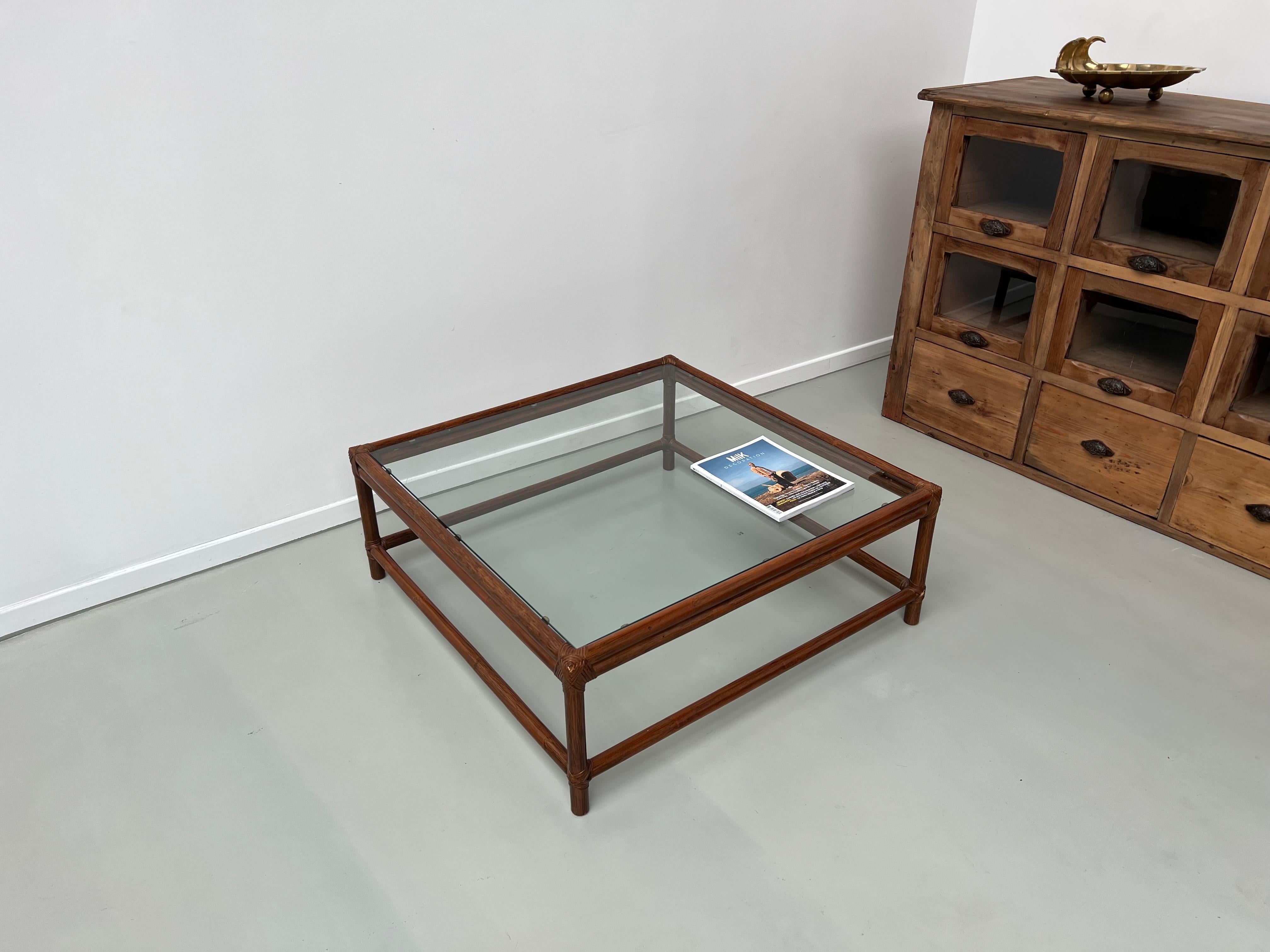 Large Artisanal French Coffee Table in Rattan and Glass, circa 1970 For Sale 8