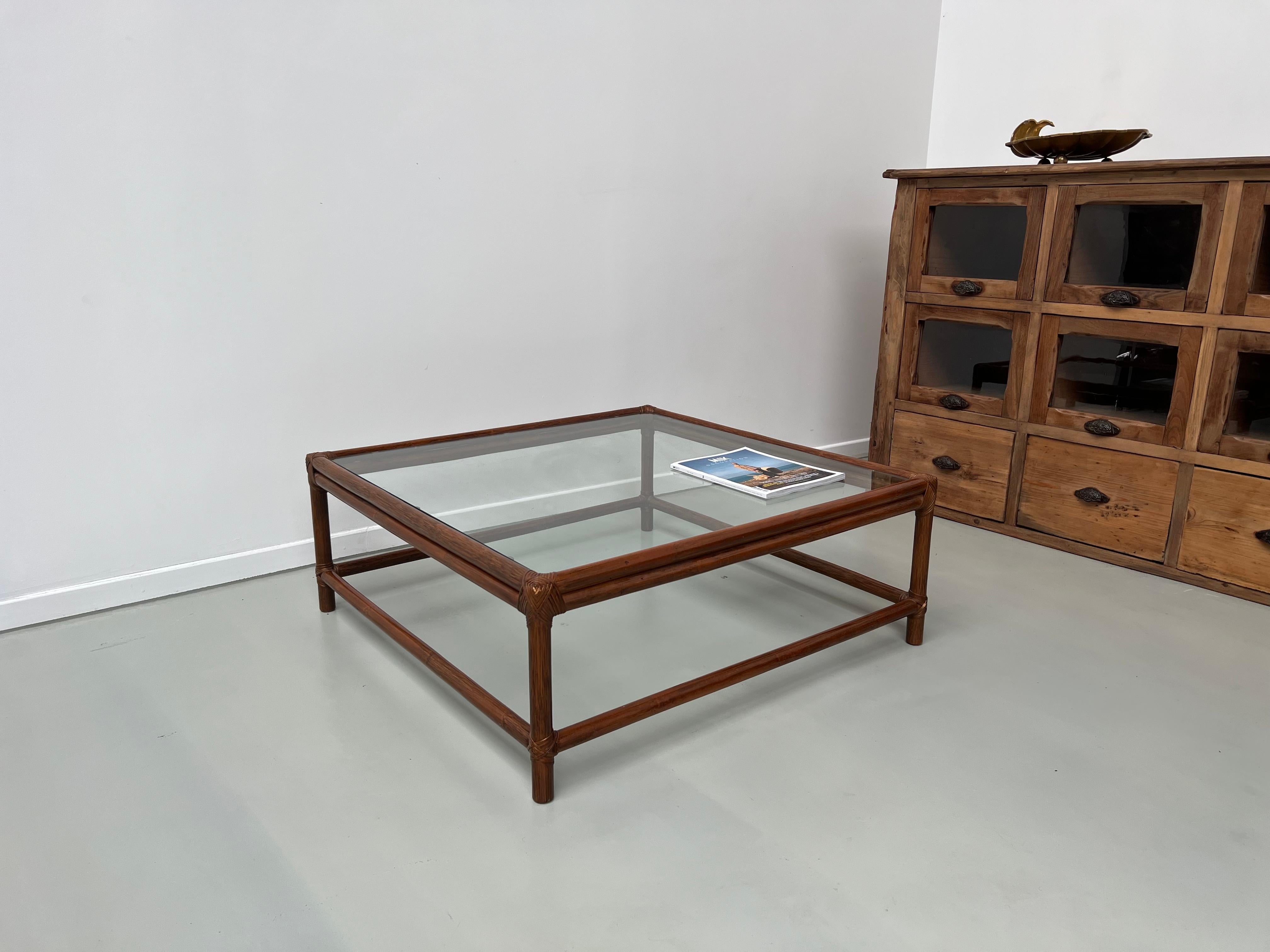 Large Artisanal French Coffee Table in Rattan and Glass, circa 1970 For Sale 9