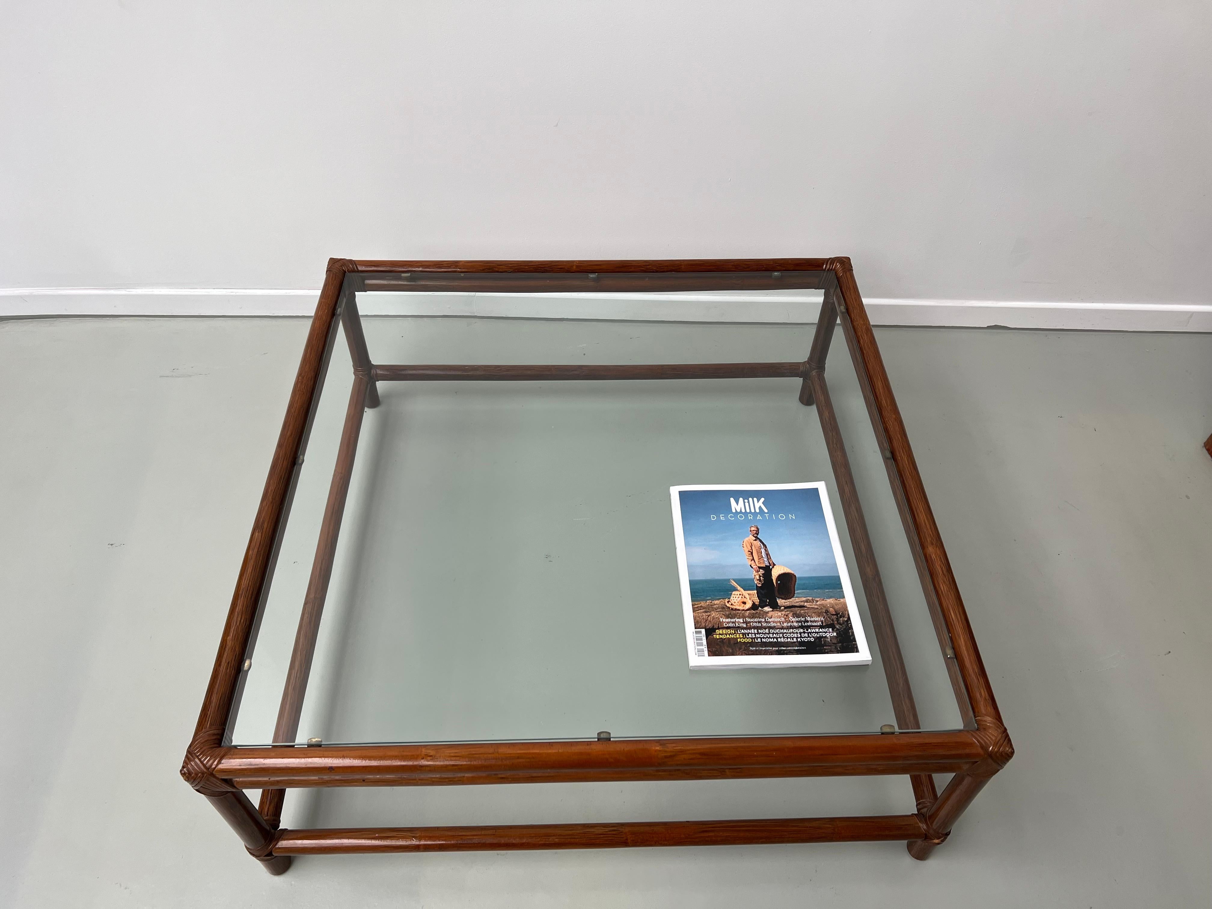 Large Artisanal French Coffee Table in Rattan and Glass, circa 1970 For Sale 10