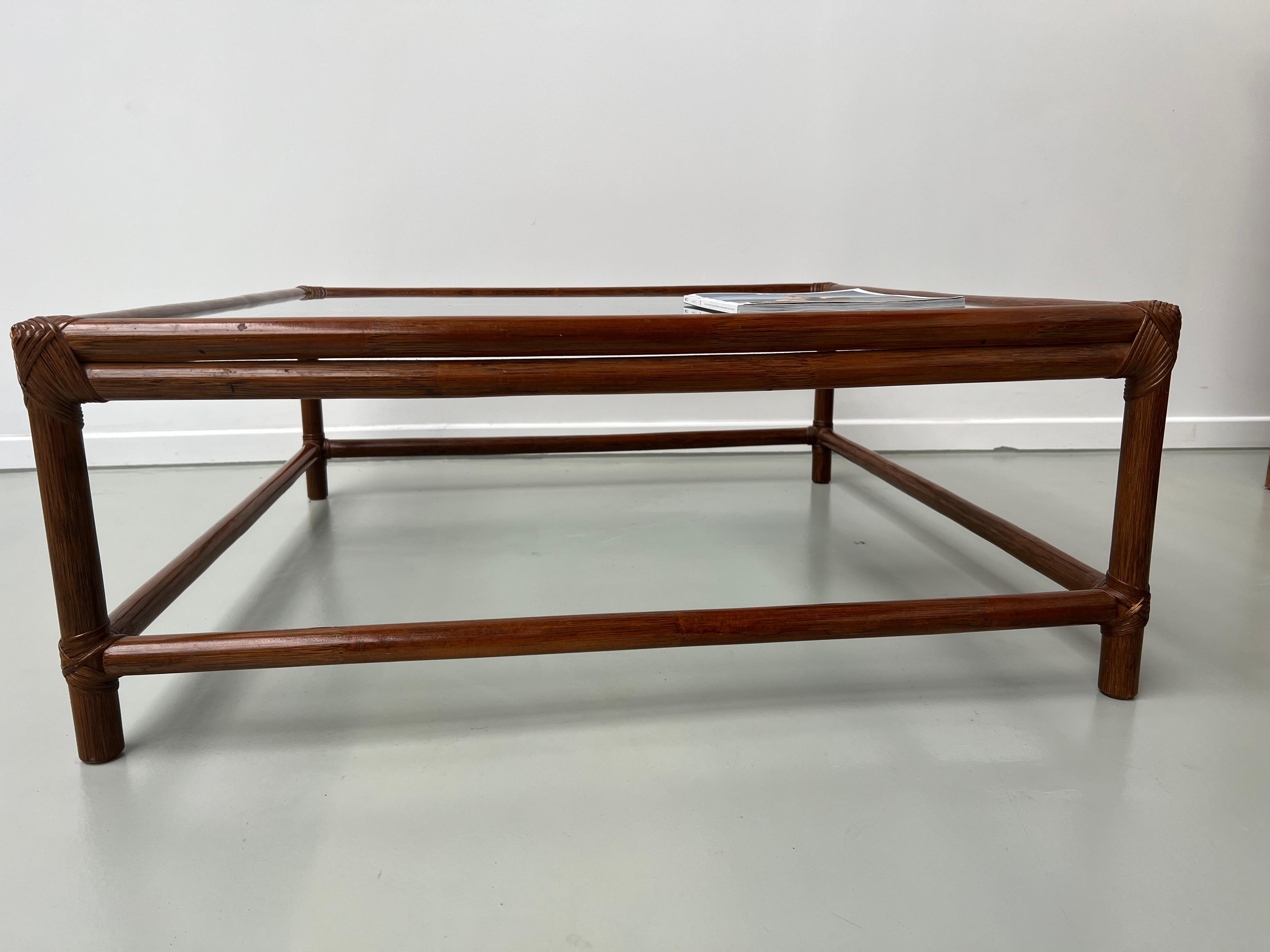 Large Artisanal French Coffee Table in Rattan and Glass, circa 1970 For Sale 11