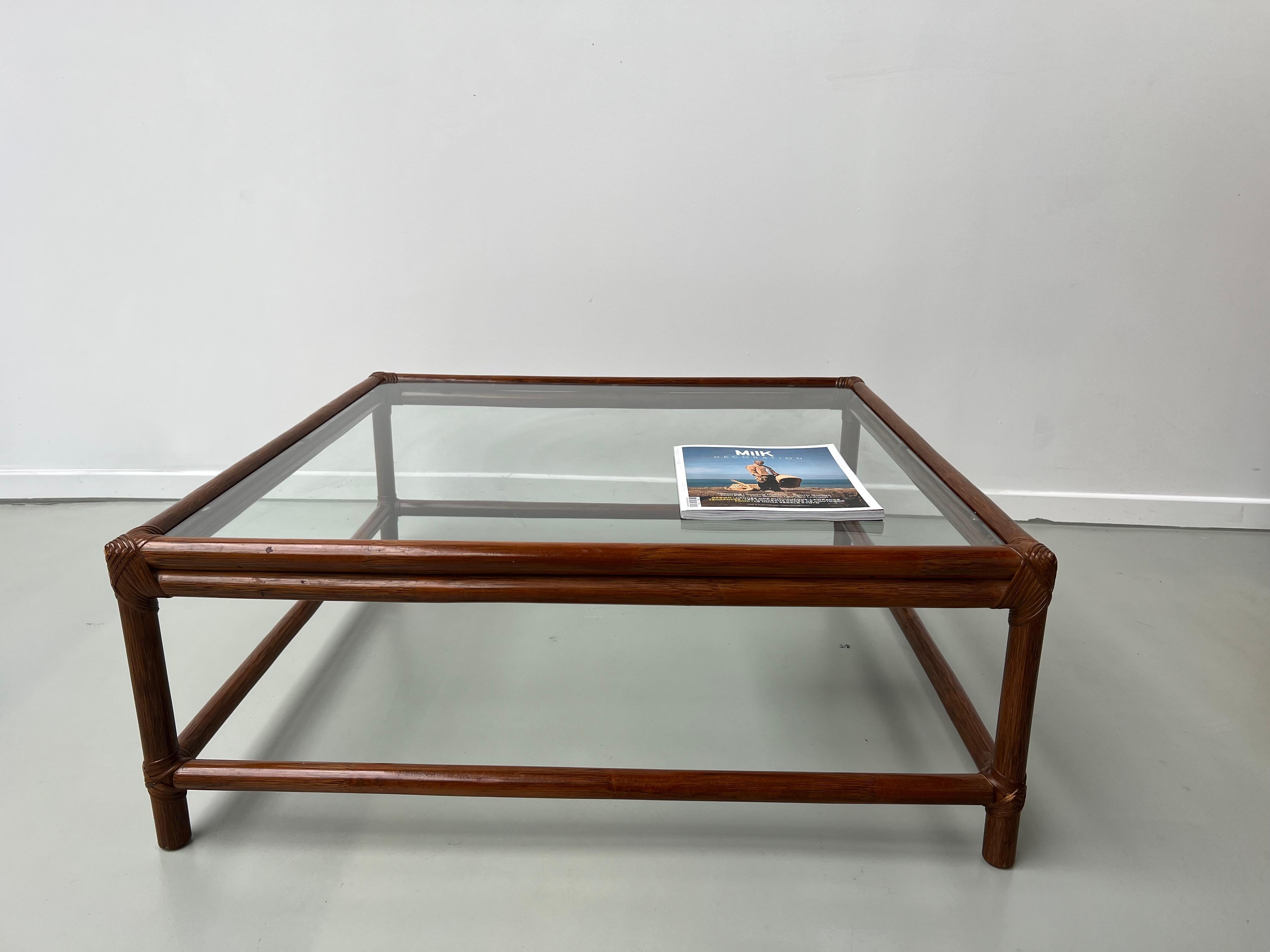 Large Artisanal French Coffee Table in Rattan and Glass, circa 1970 For Sale 12