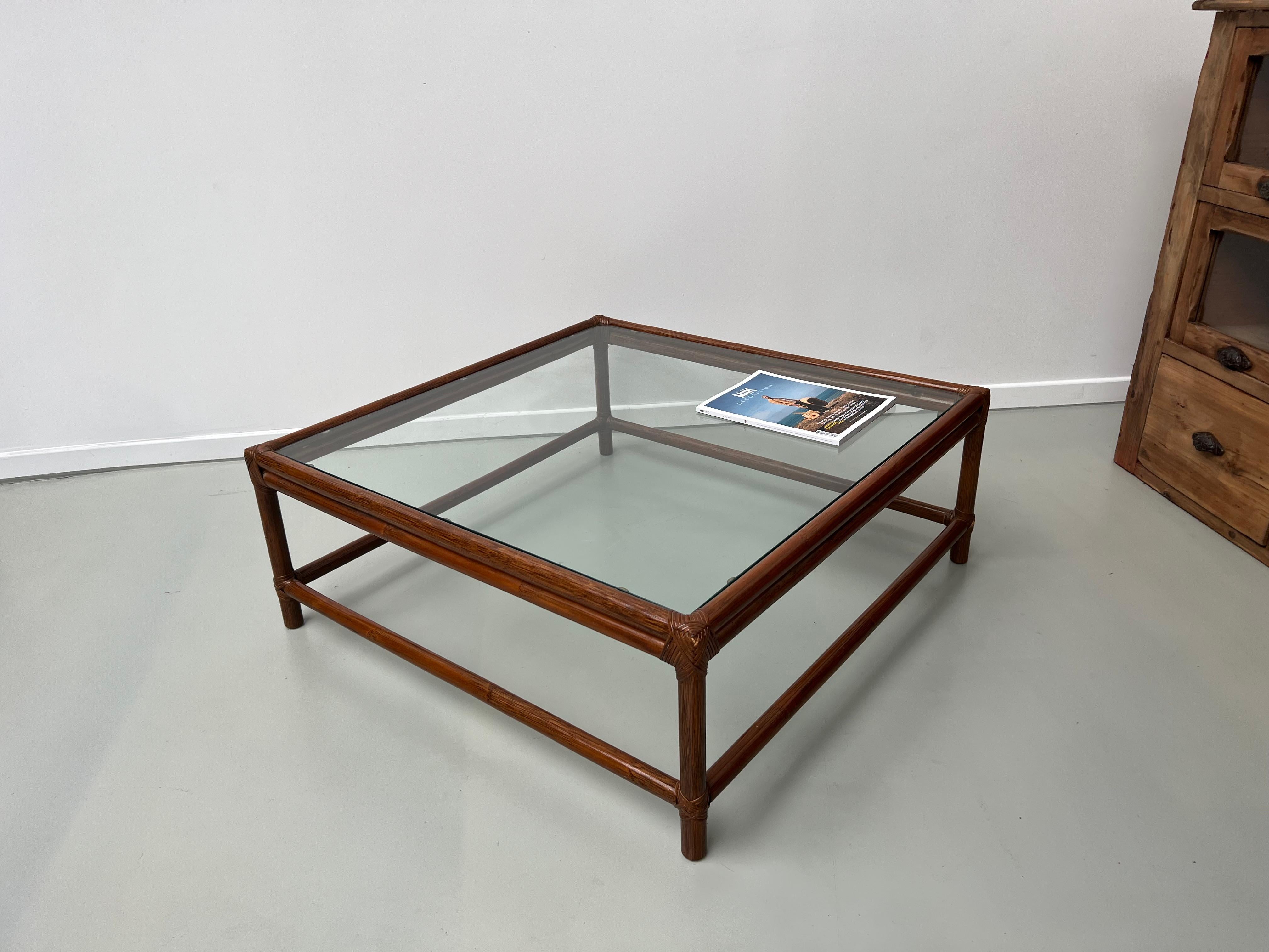 Large Artisanal French Coffee Table in Rattan and Glass, circa 1970 For Sale 13