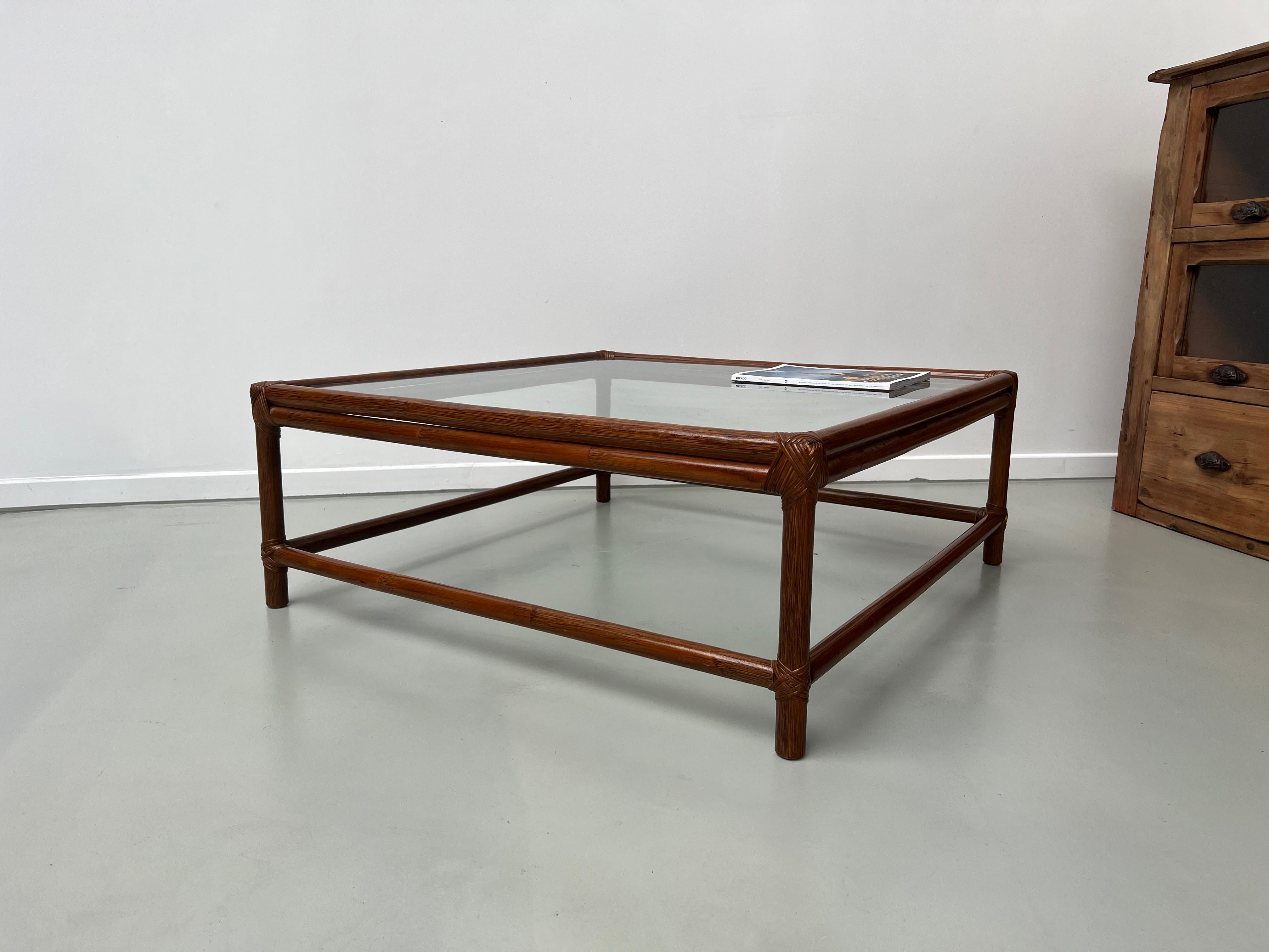 Large Artisanal French Coffee Table in Rattan and Glass, circa 1970 For Sale 14