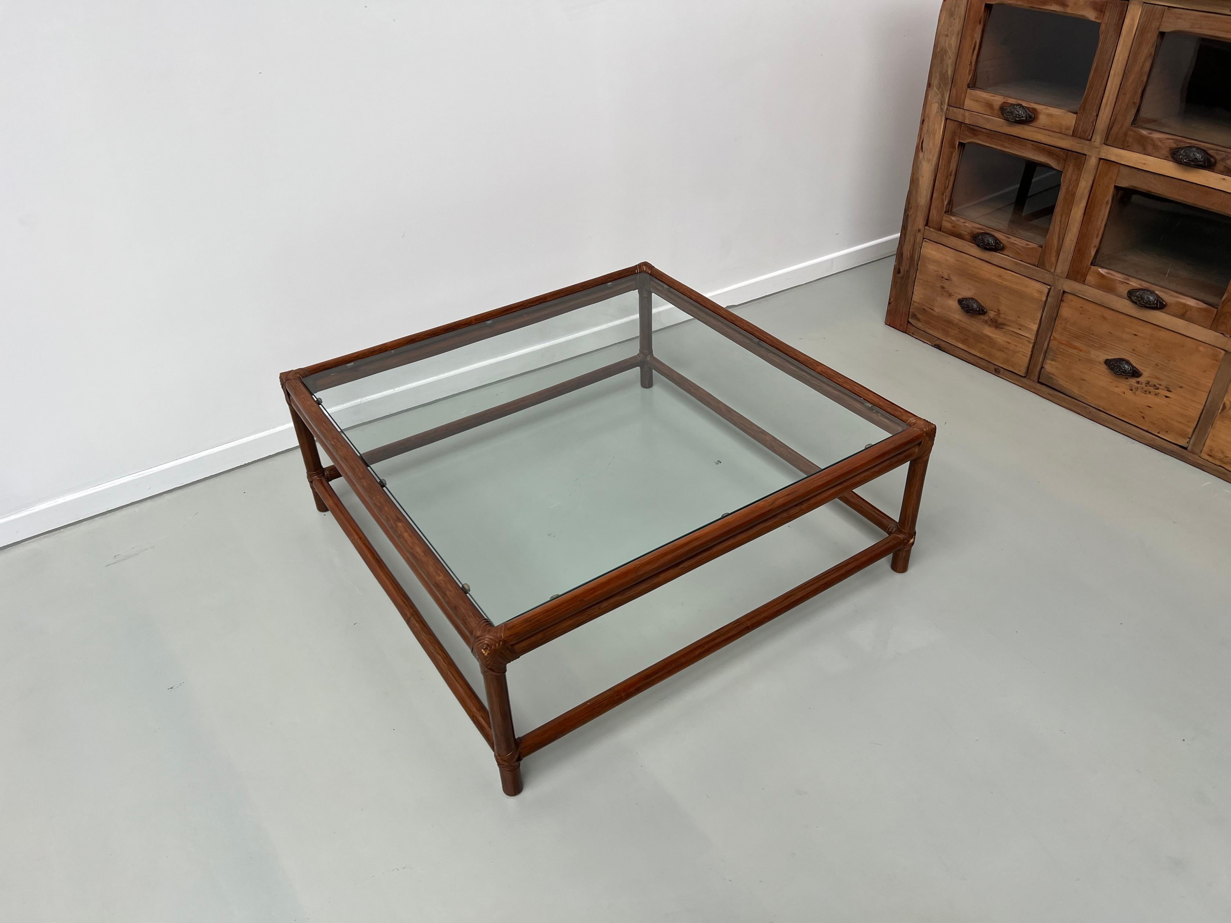 Mid-Century Modern Large Artisanal French Coffee Table in Rattan and Glass, circa 1970 For Sale