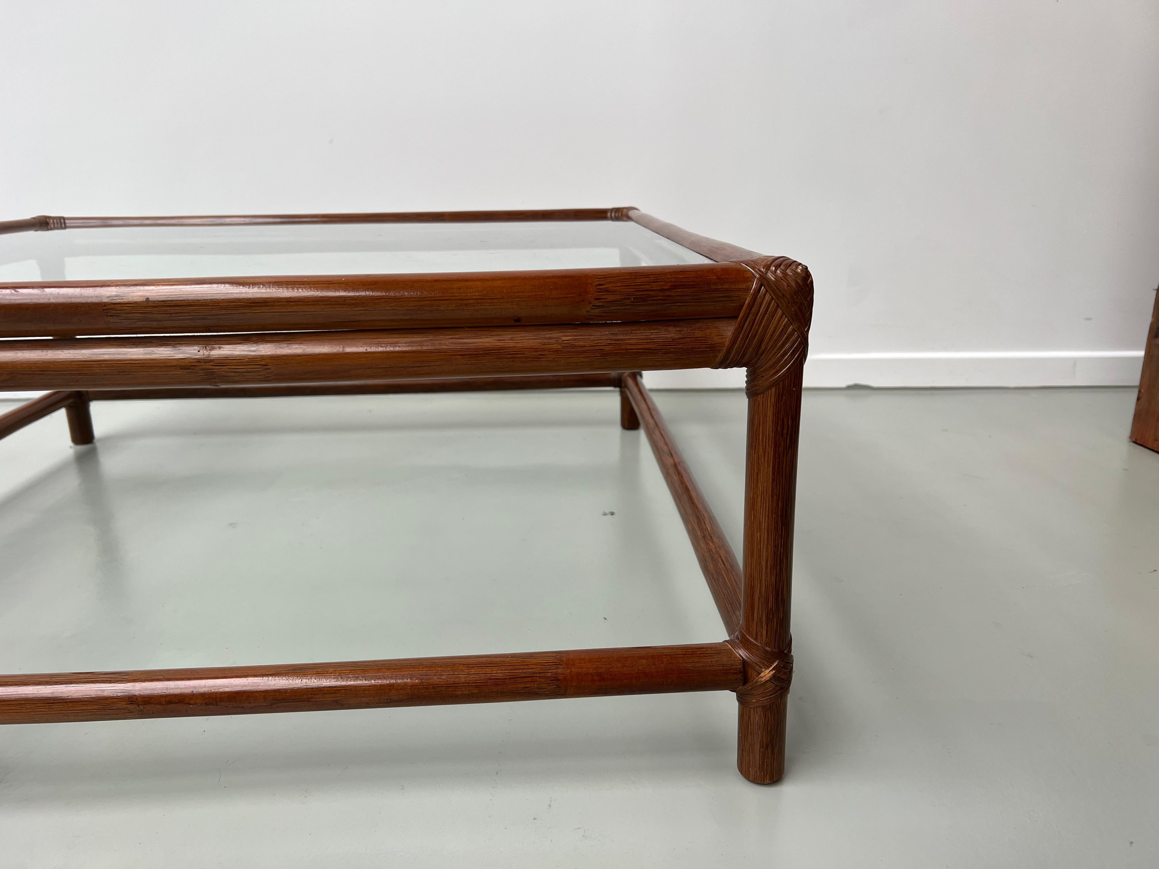 Late 20th Century Large Artisanal French Coffee Table in Rattan and Glass, circa 1970 For Sale