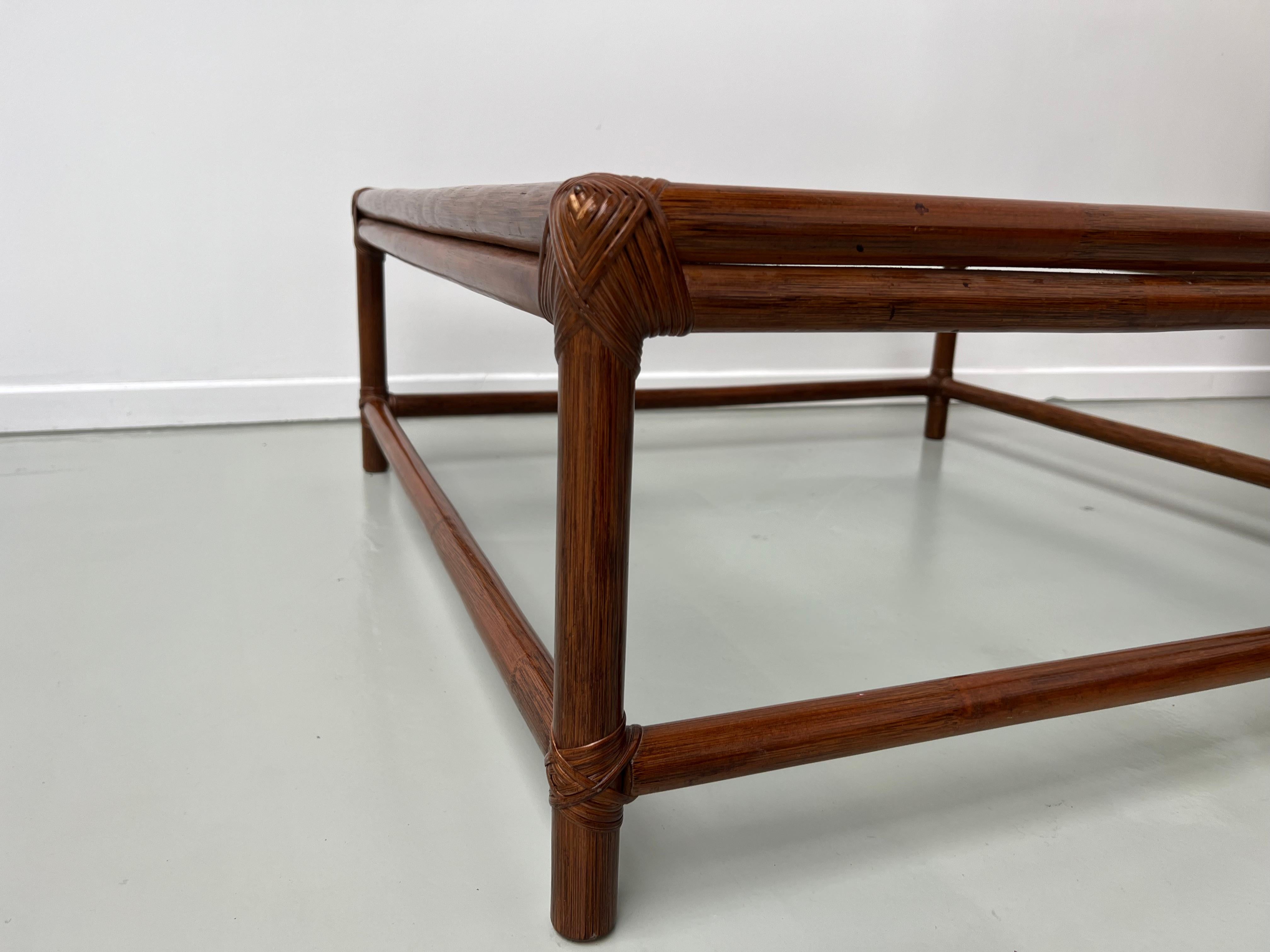 Large Artisanal French Coffee Table in Rattan and Glass, circa 1970 For Sale 1