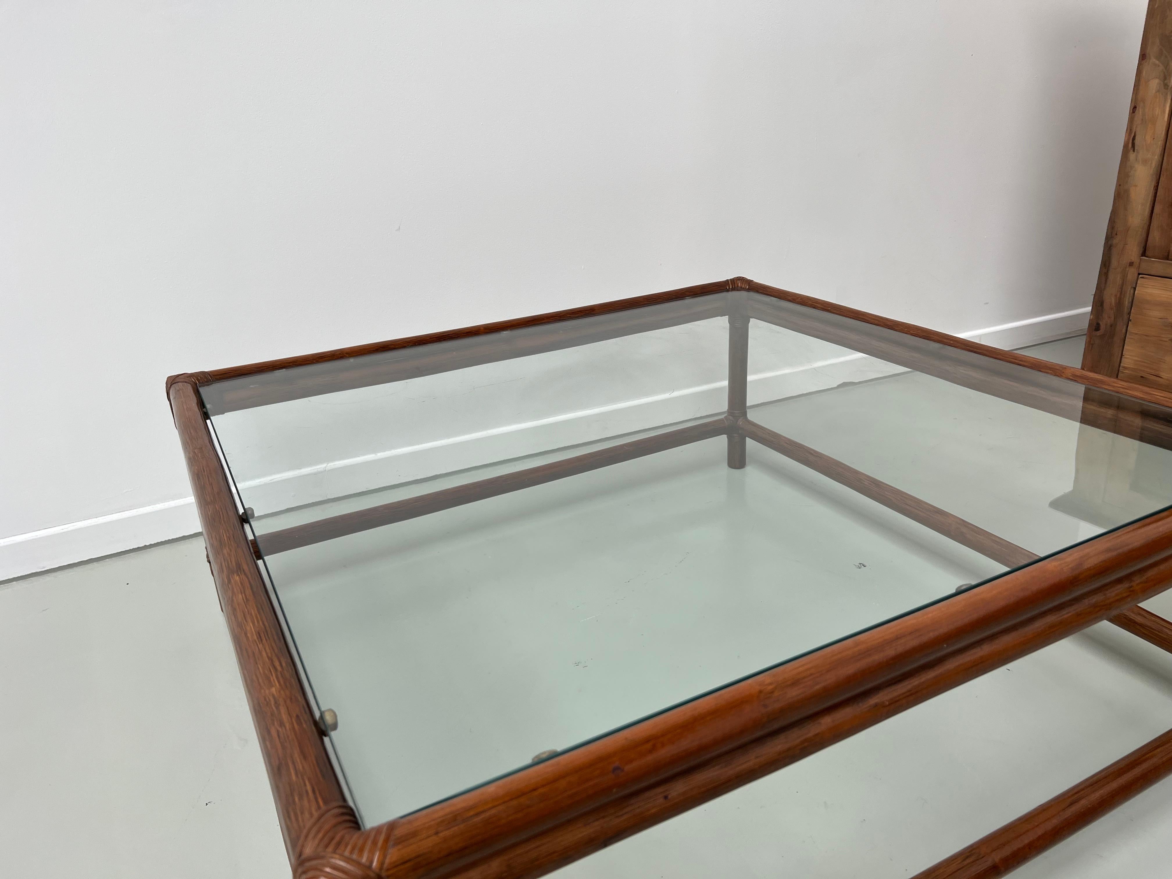 Large Artisanal French Coffee Table in Rattan and Glass, circa 1970 For Sale 3