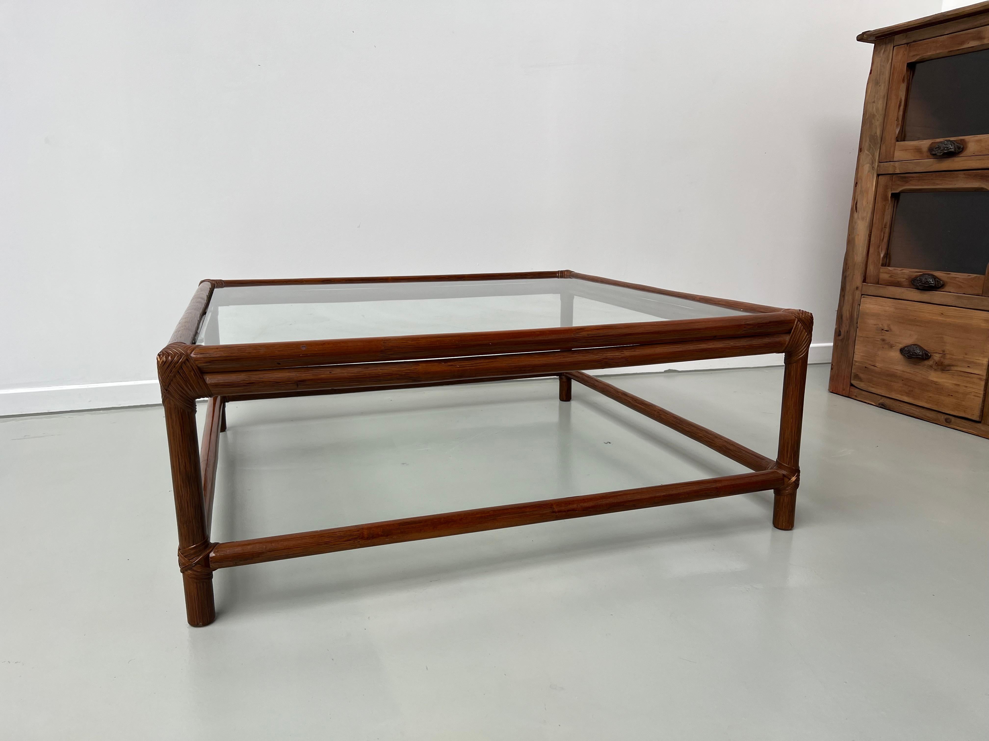Large Artisanal French Coffee Table in Rattan and Glass, circa 1970 For Sale 4