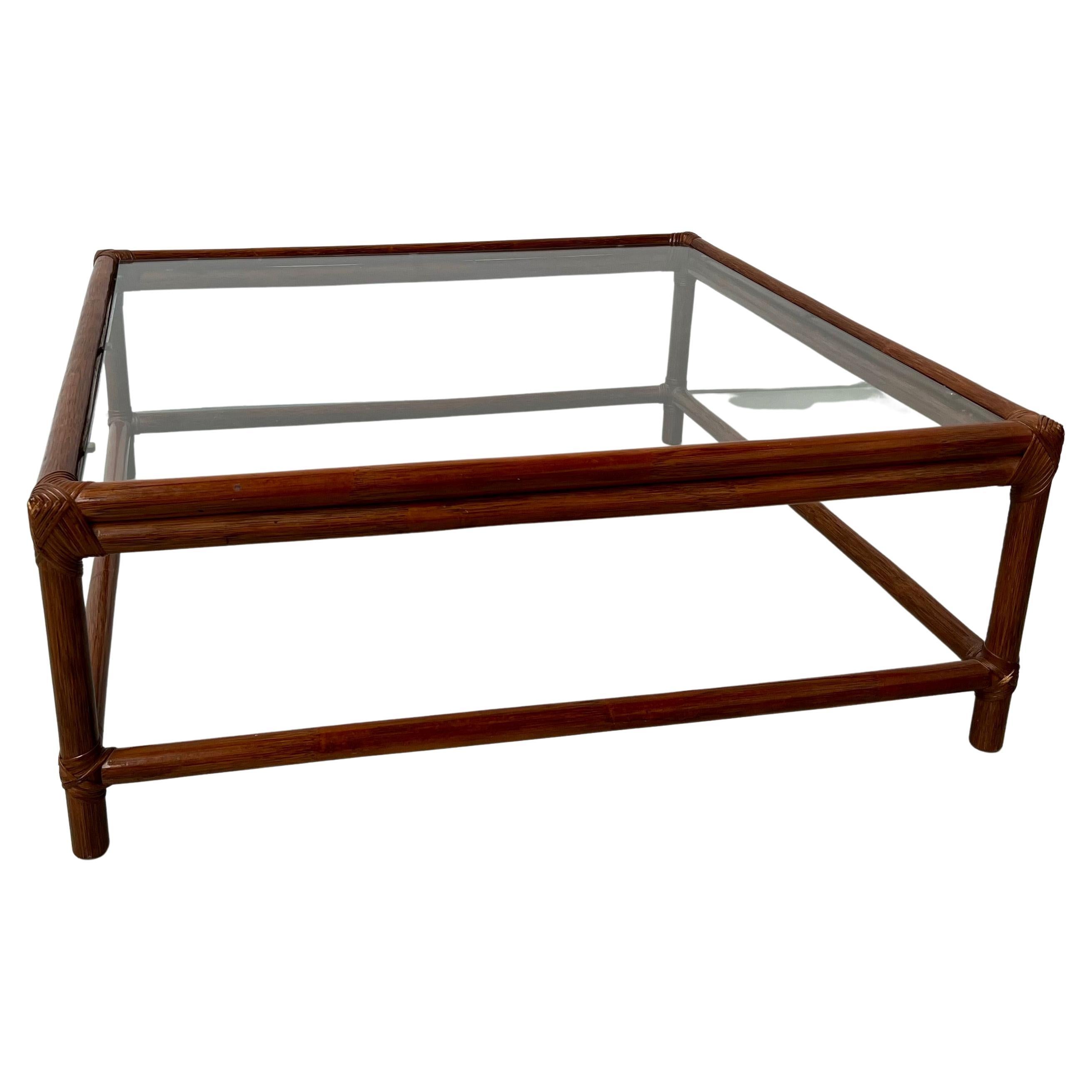 Large Artisanal French Coffee Table in Rattan and Glass, circa 1970