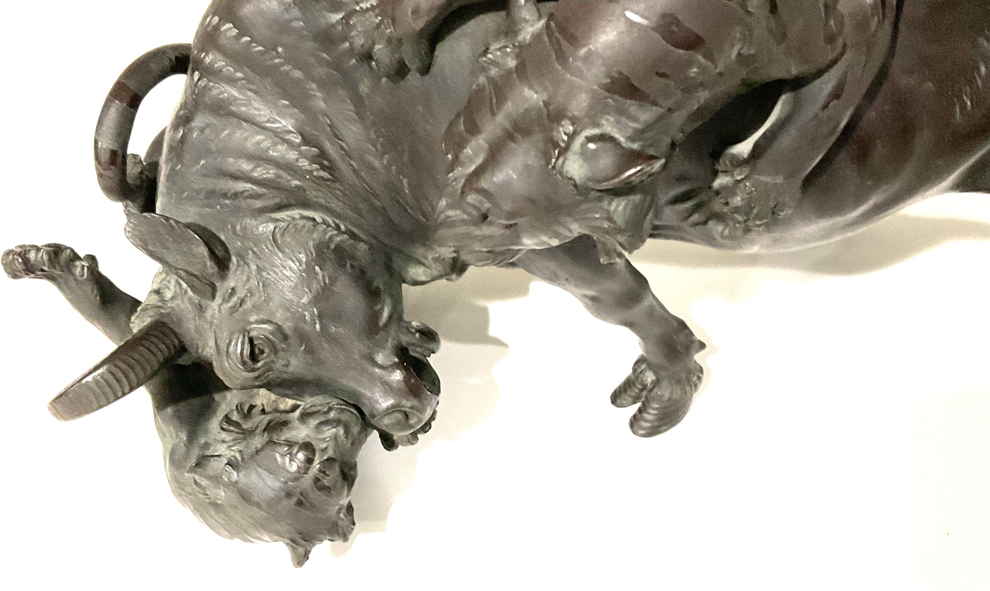 Meiji Large Artist Signed Japanese Bronze Tigers Attacking Bull Sculpture on Wood Base For Sale
