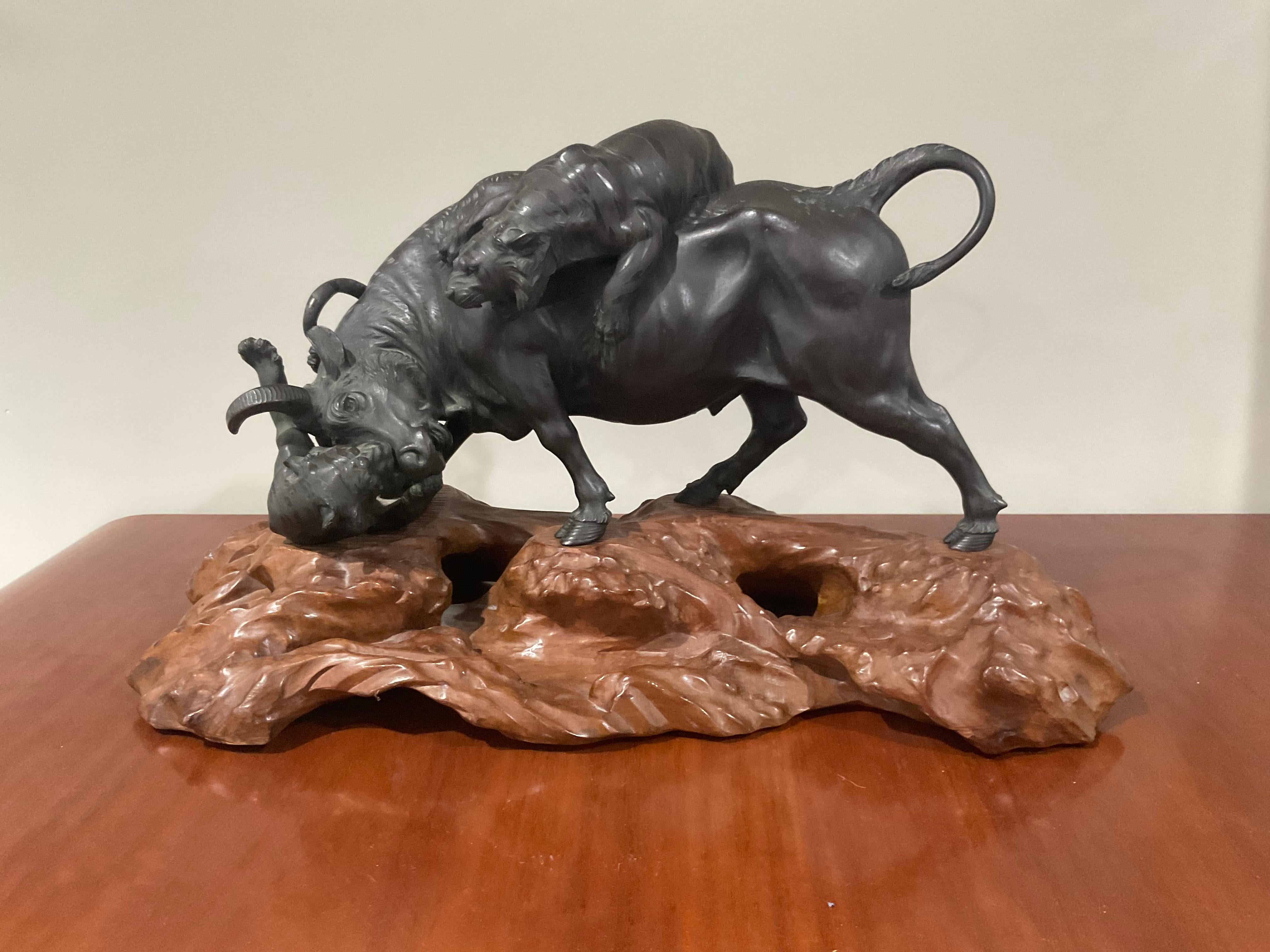 Large Artist Signed Japanese Bronze Tigers Attacking Bull Sculpture on Wood Base In Good Condition For Sale In Ann Arbor, MI