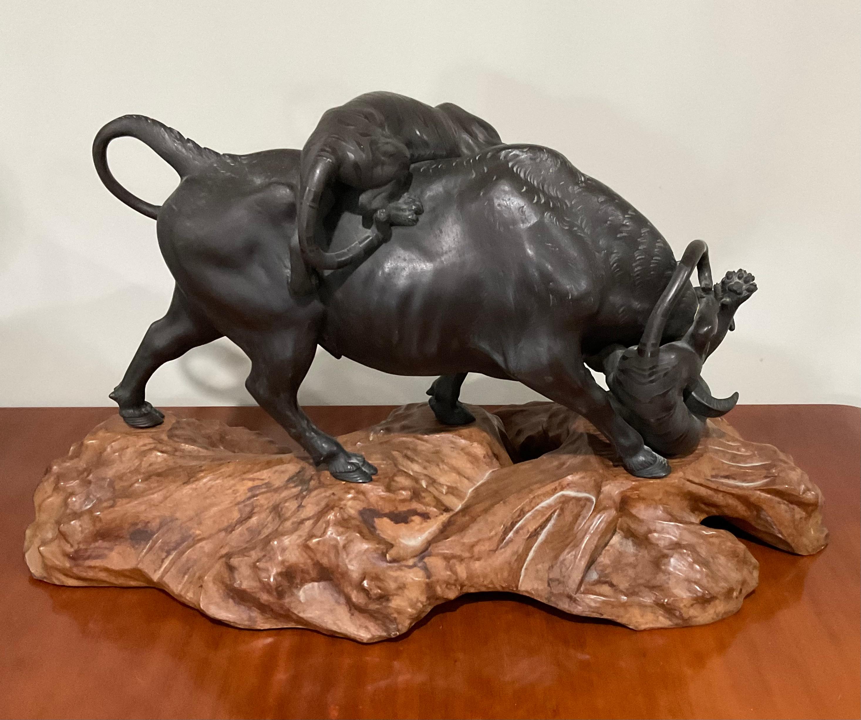 Late 19th Century Large Artist Signed Japanese Bronze Tigers Attacking Bull Sculpture on Wood Base For Sale