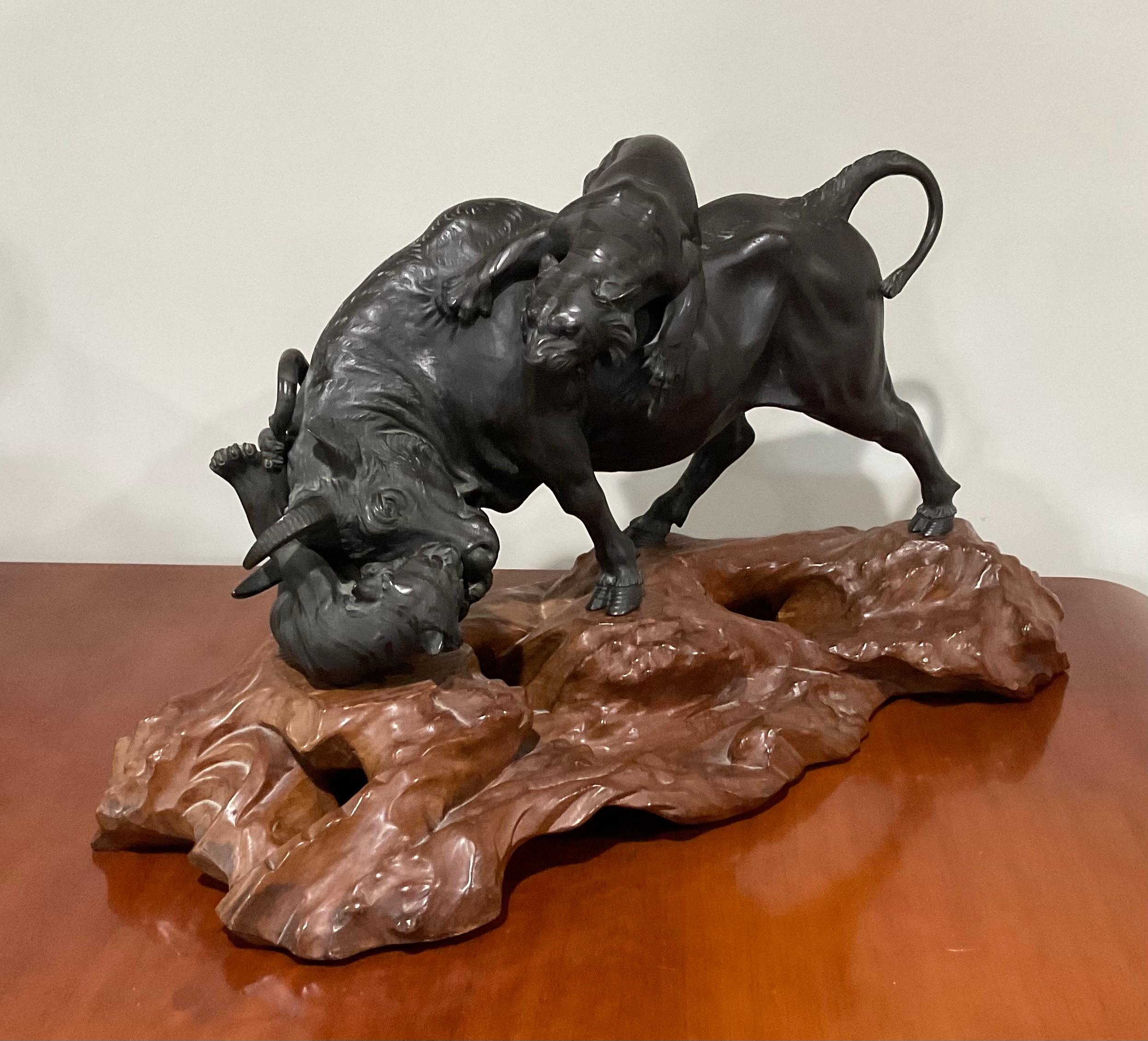 Large Artist Signed Japanese Bronze Tigers Attacking Bull Sculpture on Wood Base For Sale 1