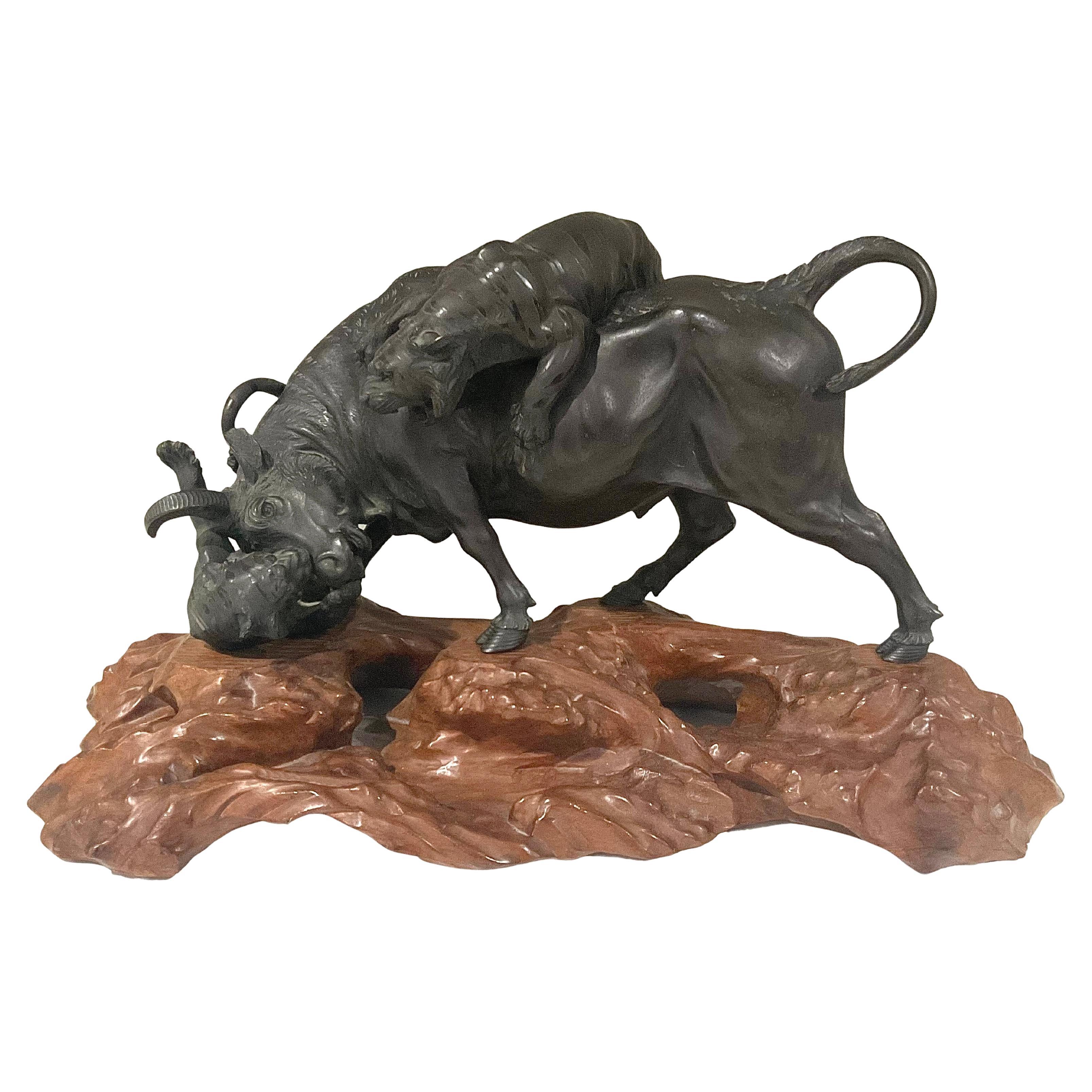 Large Artist Signed Japanese Bronze Tigers Attacking Bull Sculpture on Wood Base For Sale