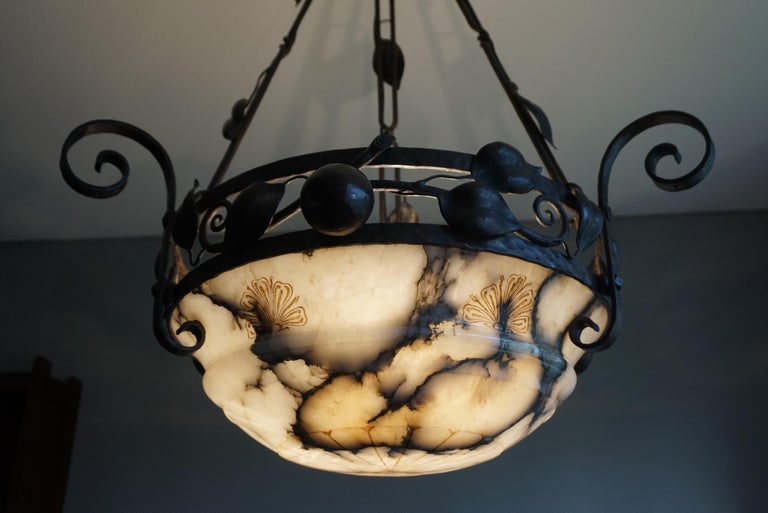 Large Arts and Crafts Alabaster & Wrought Iron Chandelier with Apple Sculptures For Sale 5