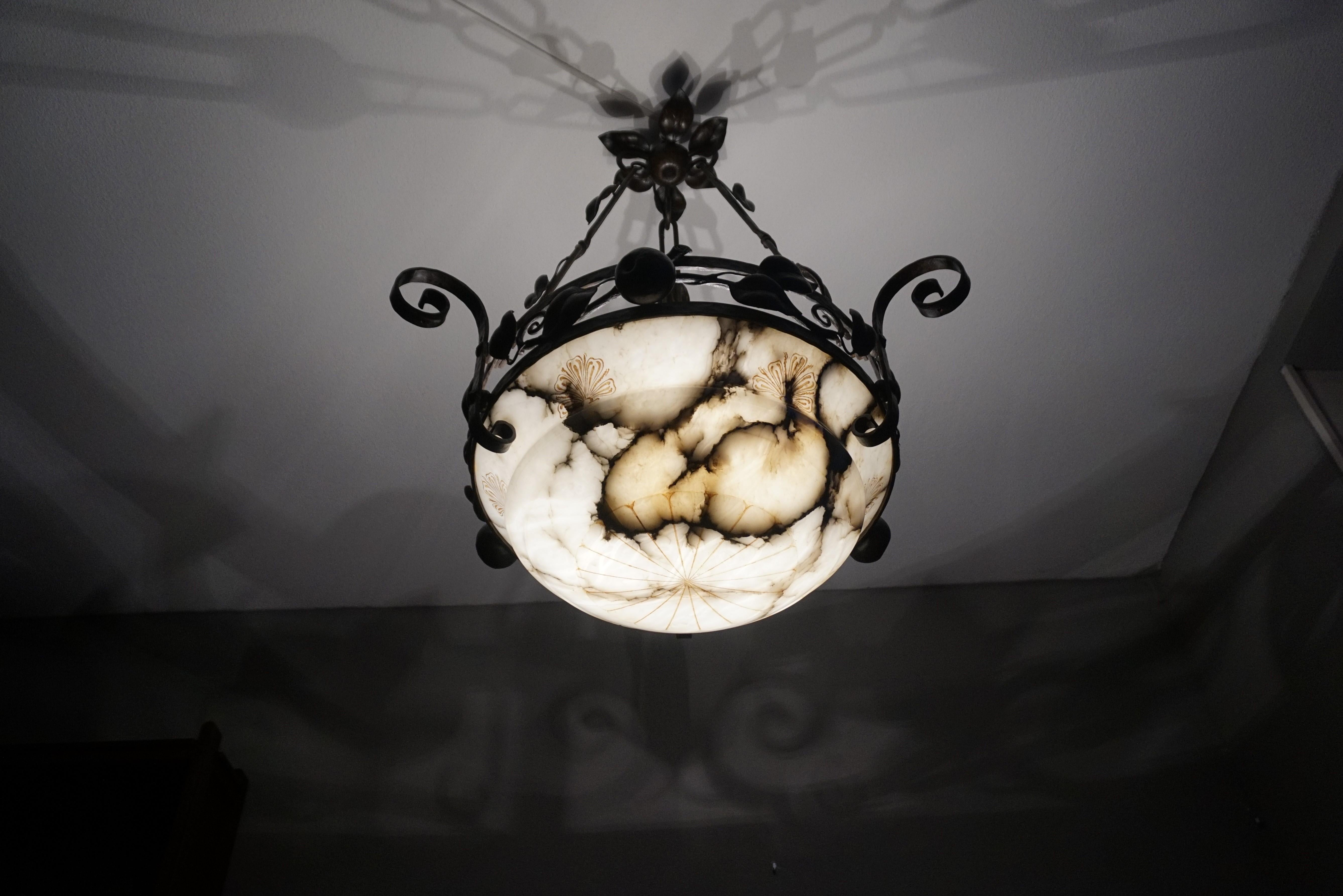 Large Arts and Crafts Alabaster & Wrought Iron Chandelier with Apple Sculptures For Sale 10