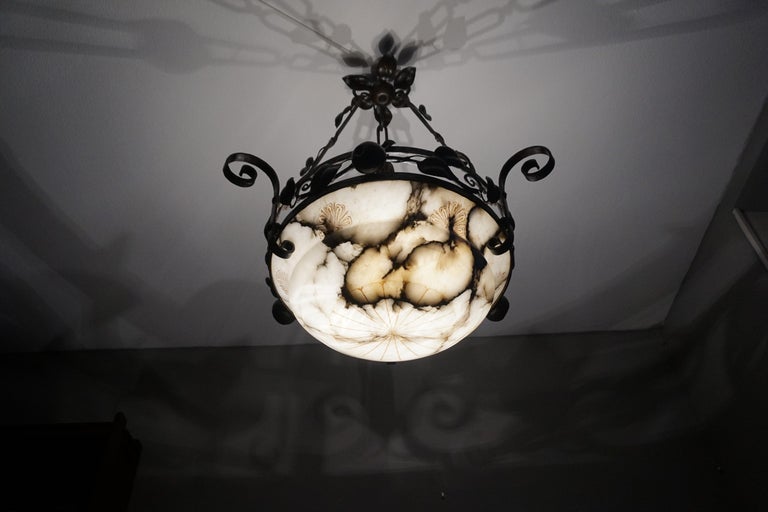 Large Arts and Crafts Alabaster & Wrought Iron Chandelier with Apple Sculptures For Sale 11