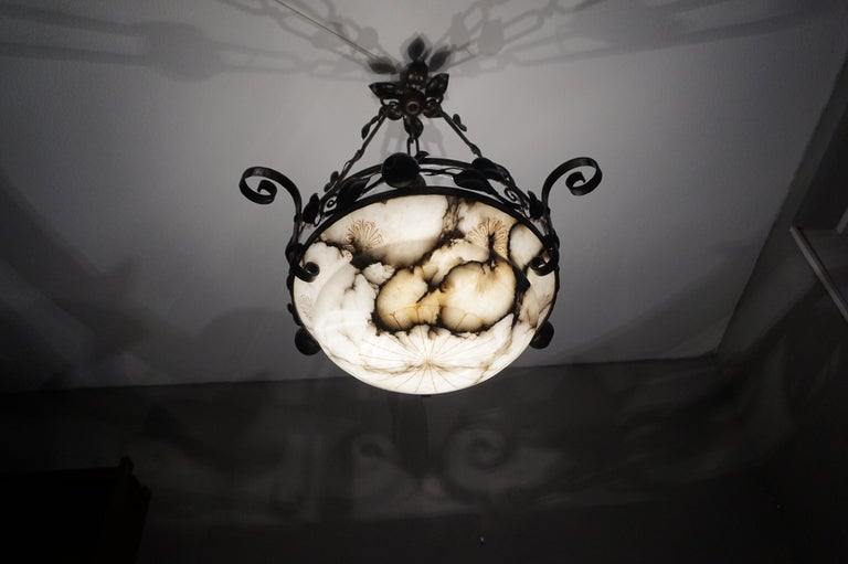 Large Arts and Crafts Alabaster & Wrought Iron Chandelier with Apple Sculptures For Sale 14