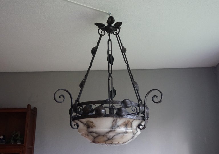 European Large Arts and Crafts Alabaster & Wrought Iron Chandelier with Apple Sculptures For Sale