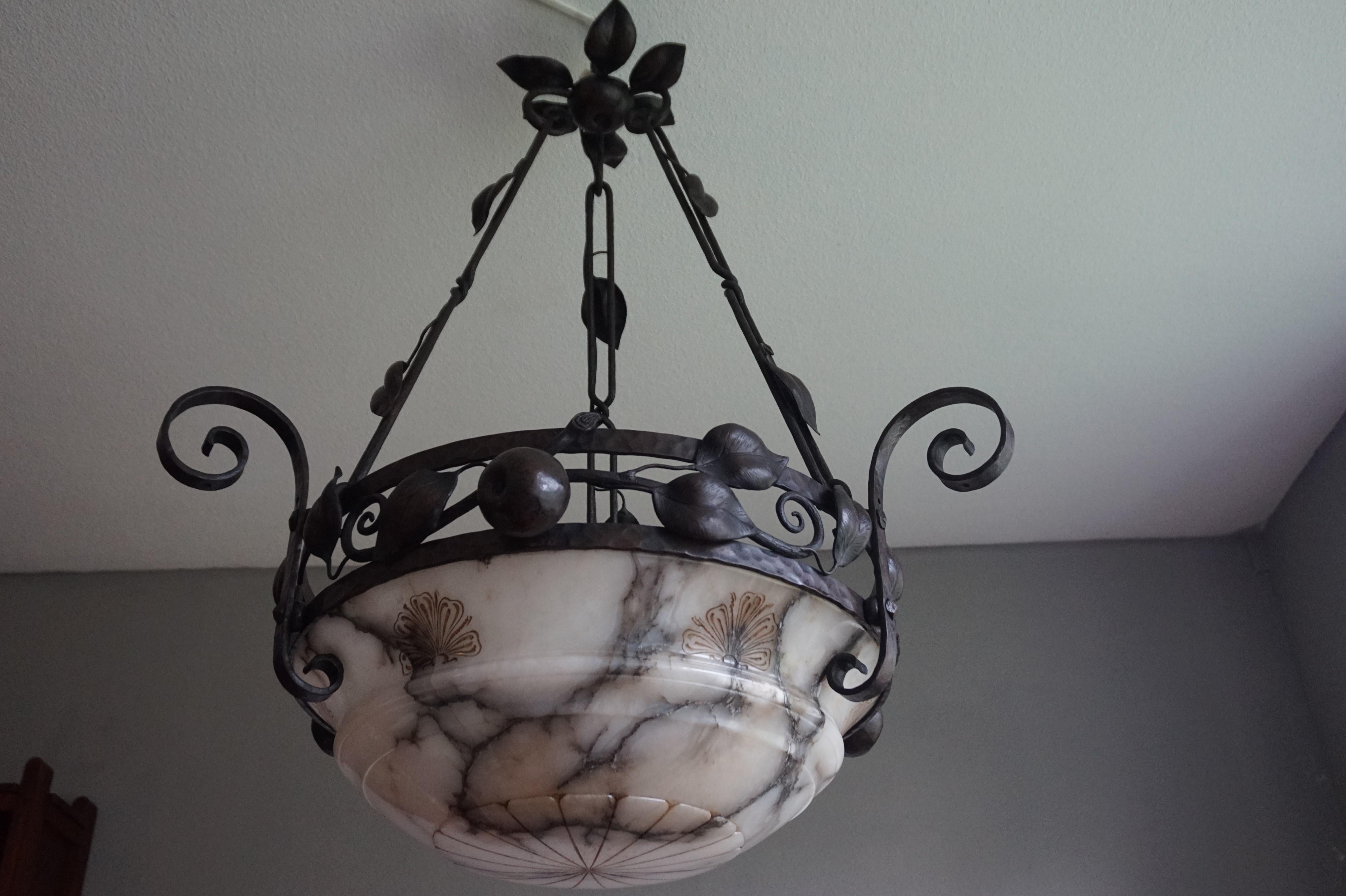 Hand-Carved Large Arts and Crafts Alabaster & Wrought Iron Chandelier with Apple Sculptures For Sale
