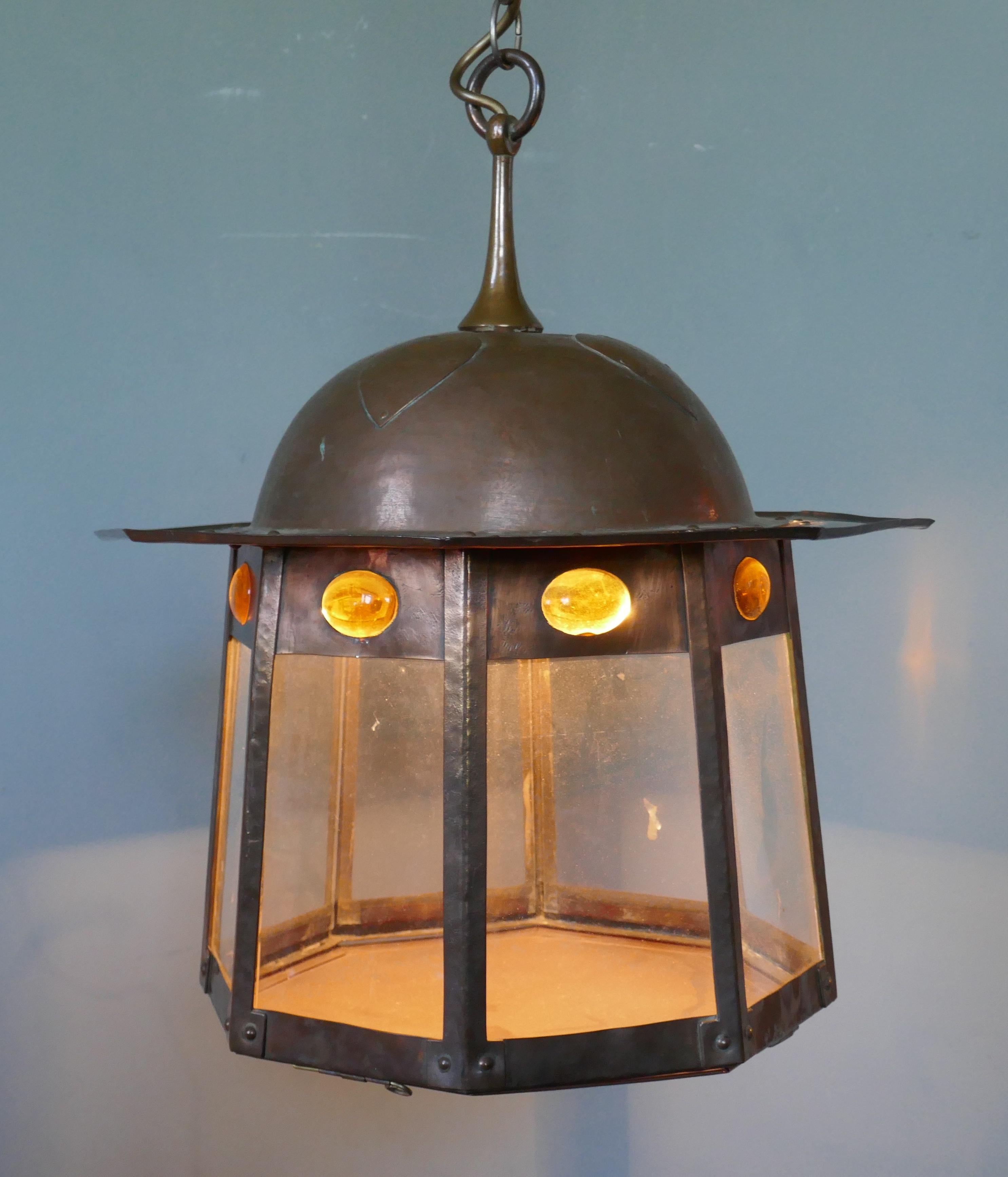 Large Arts & Crafts Beaten Copper Hall Lantern Ceiling Light In Good Condition In Chillerton, Isle of Wight