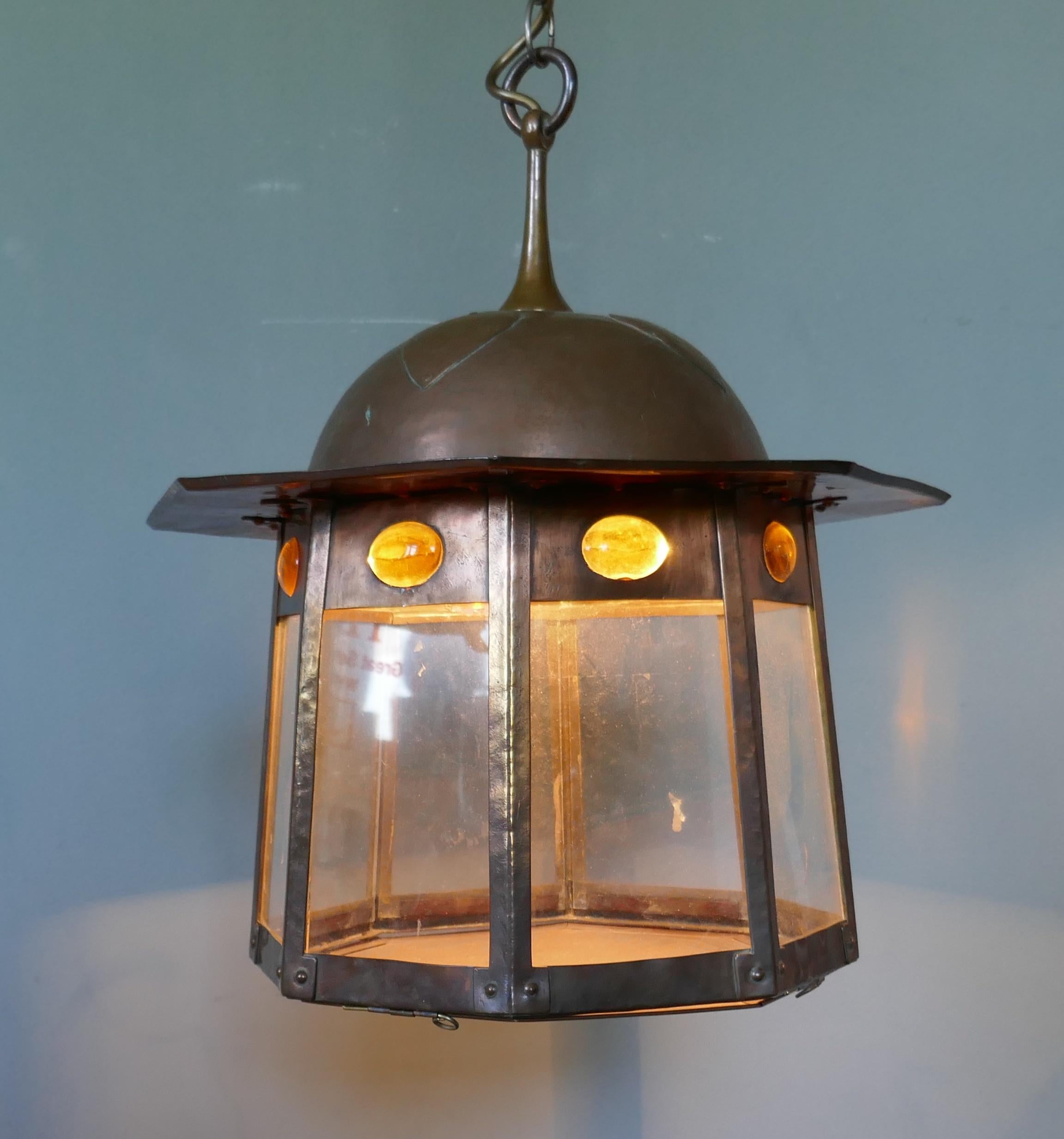 19th Century Large Arts & Crafts Beaten Copper Hall Lantern Ceiling Light