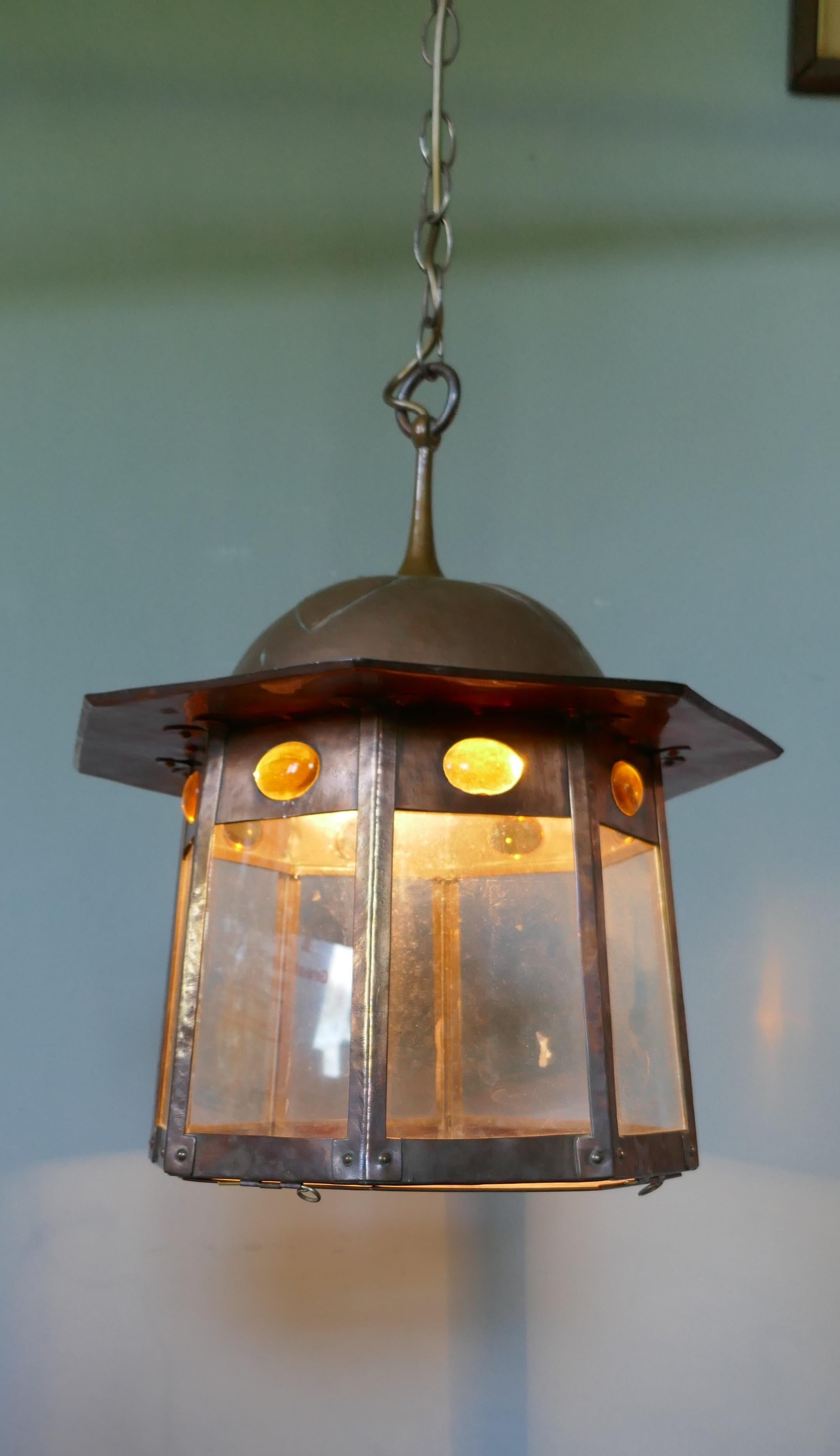 Large Arts & Crafts Beaten Copper Hall Lantern Ceiling Light 1