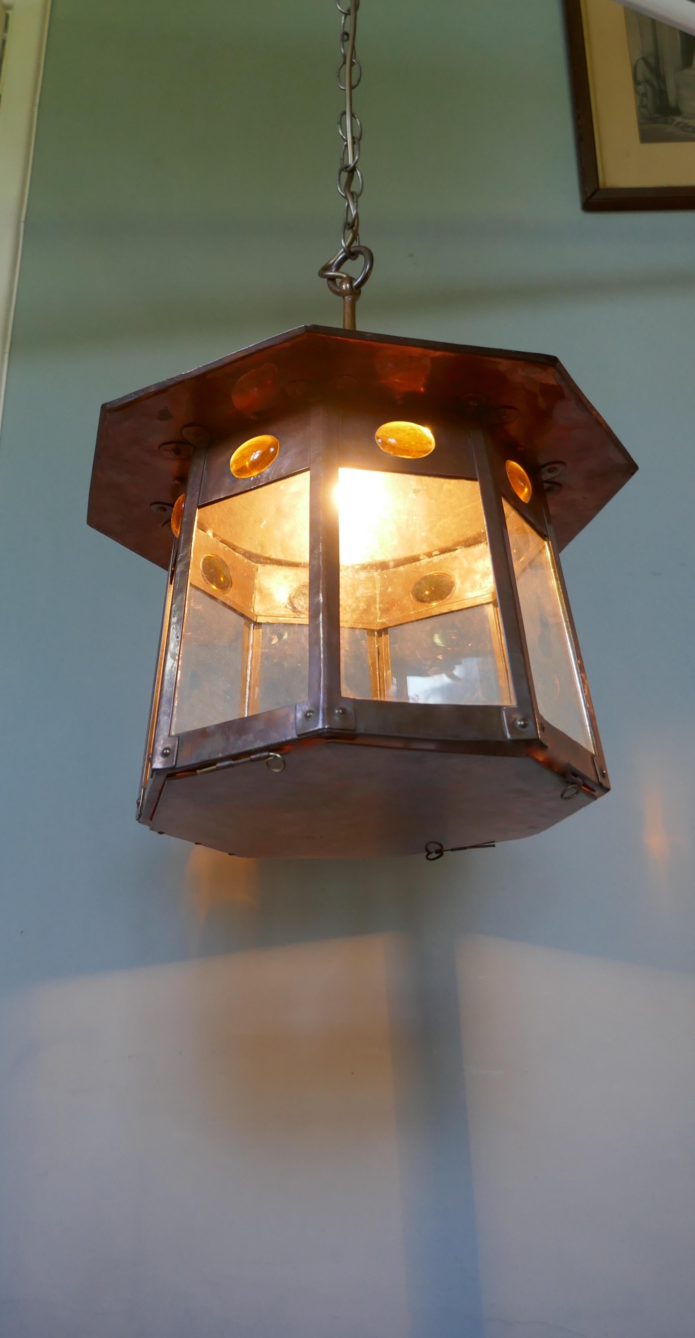 Large Arts & Crafts Beaten Copper Hall Lantern Ceiling Light 2
