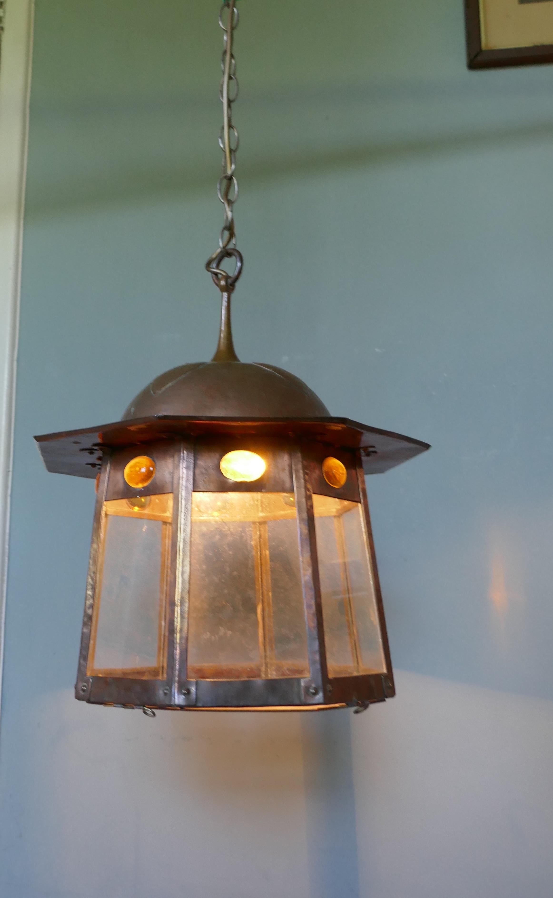 Large Arts & Crafts Beaten Copper Hall Lantern Ceiling Light 3
