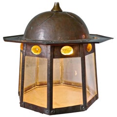 Antique Large Arts & Crafts Beaten Copper Hall Lantern Ceiling Light