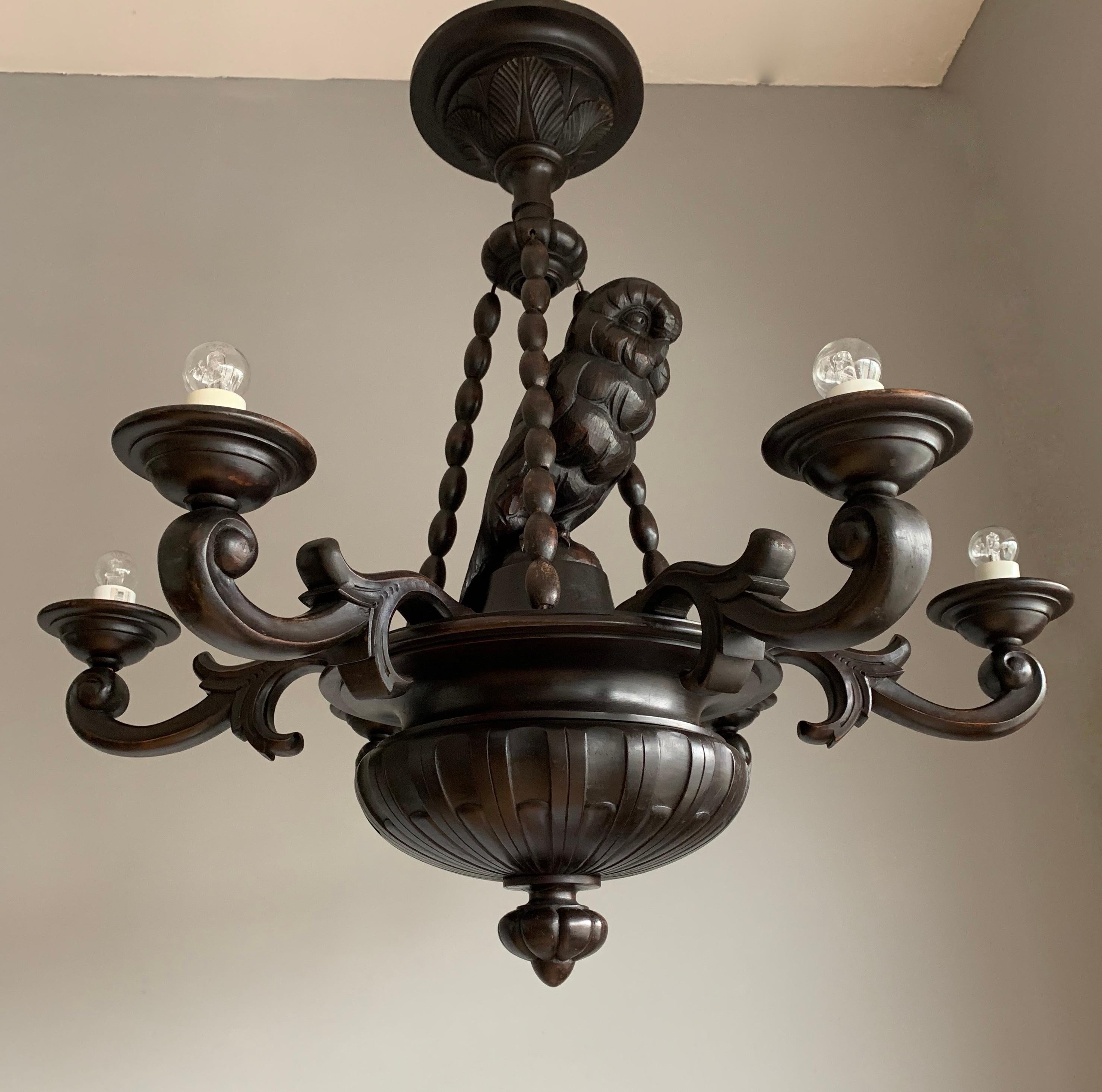 20th Century Large Arts and Crafts Black Forest Carved Oak Chandelier w. Forest Owl Sculpture For Sale