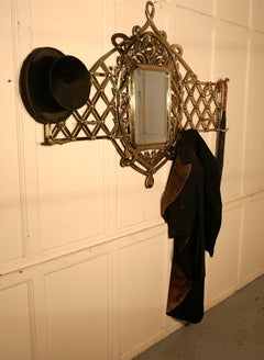 Large Arts & Crafts Brass Hall Mirror, Wall Hanging Coat and Hat Stand