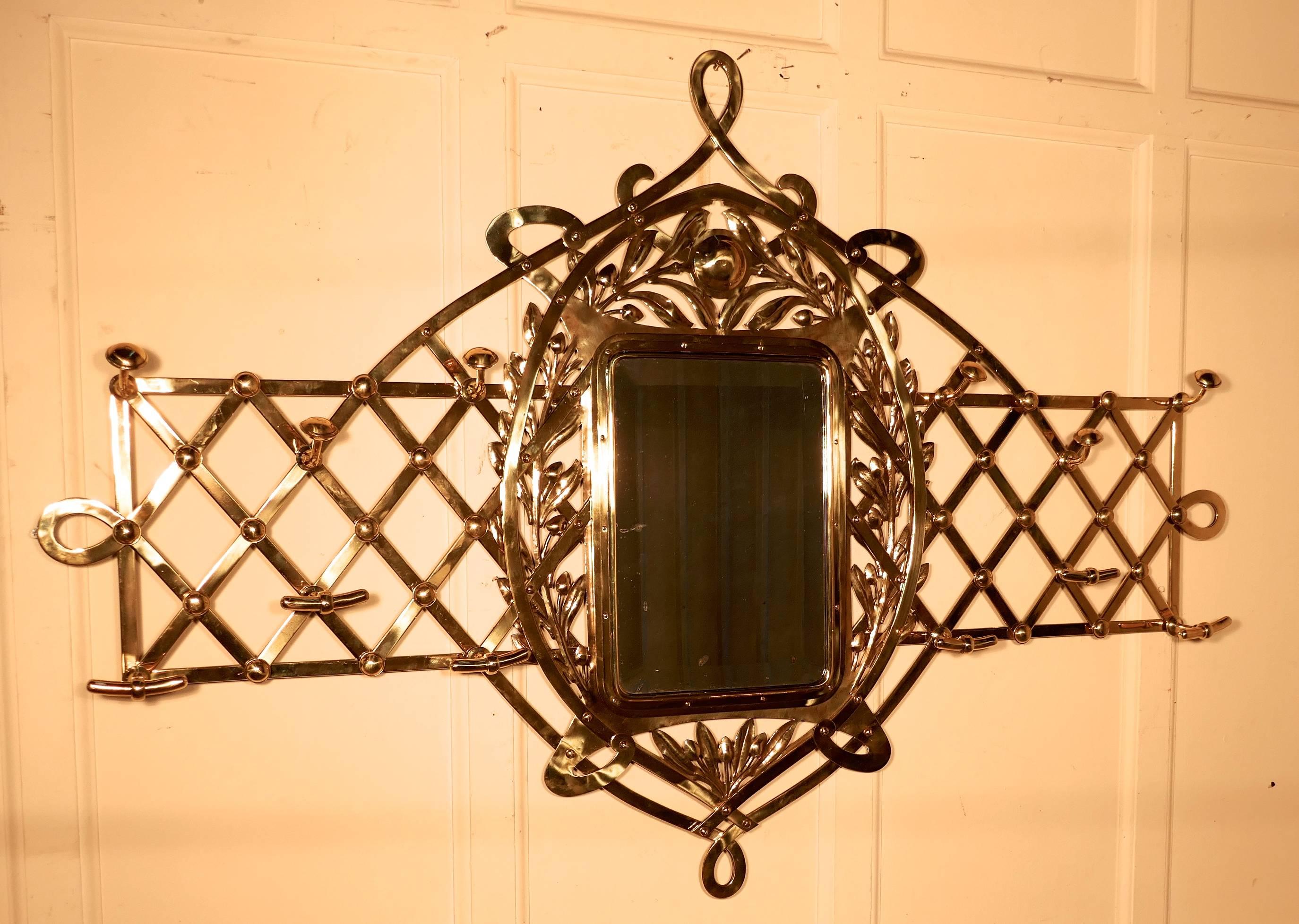 Large Arts & Crafts Brass Hall Mirror, Wall Hanging Coat and Hat Stand In Excellent Condition In Chillerton, Isle of Wight