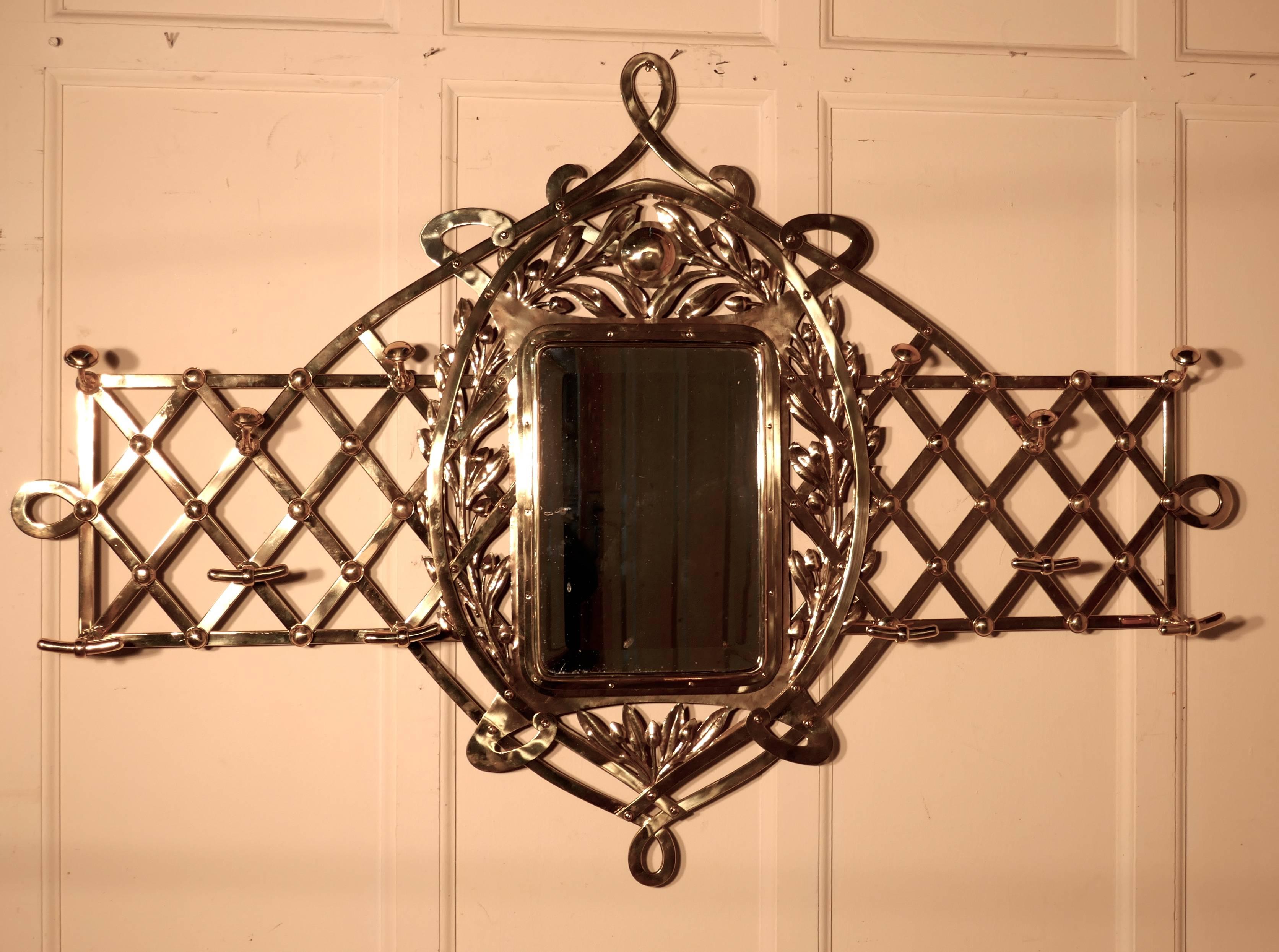 19th Century Large Arts & Crafts Brass Hall Mirror, Wall Hanging Coat and Hat Stand