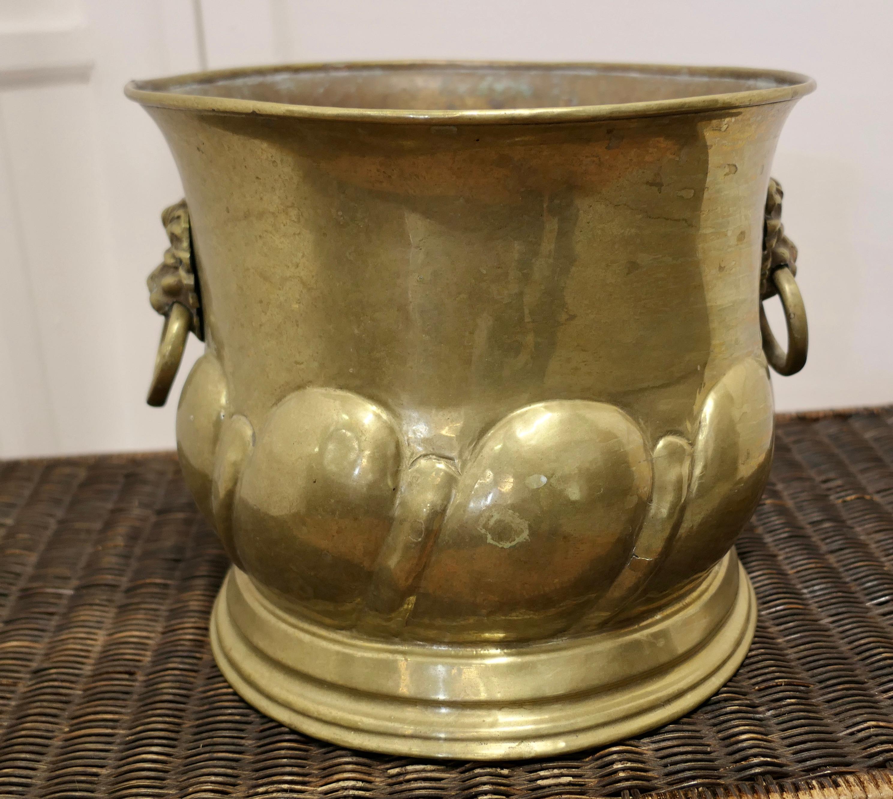 Large Arts and Crafts Brass Jardiniere with Lions Mask Handles  For Sale 1