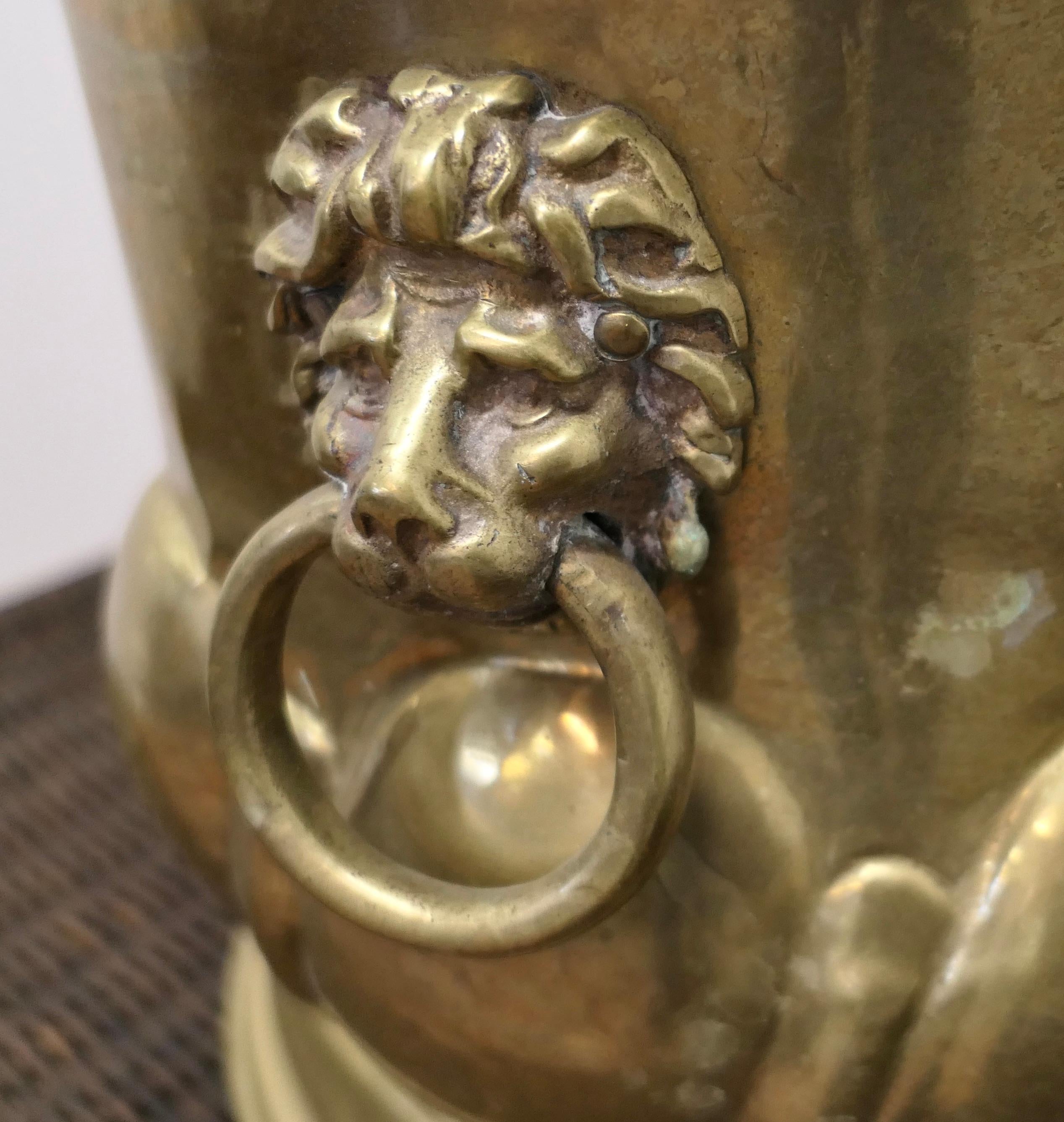 Large Arts and Crafts Brass Jardiniere with Lions Mask Handles For Sale 3